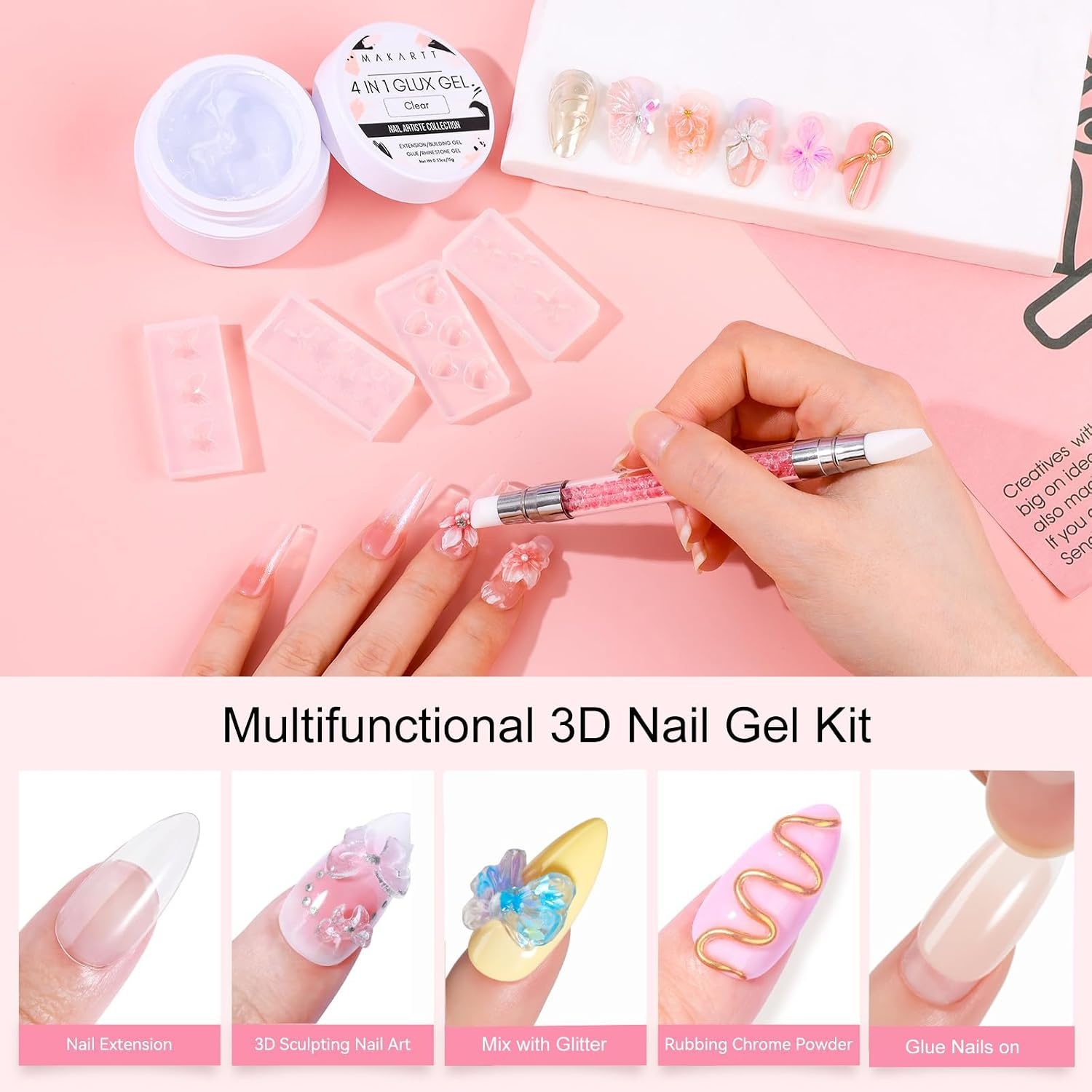 image:imageMakartt 3d Gel Nail Art Kit All in One 3D Sculpting Builder DIY Kit NonStickHand Solid Gels UV LED Soak Off Gel Polish Painted Carving Molding Hard Gels Rhinestones Chrome Nail Art Salon HomeClear 3D Sculpting Kit