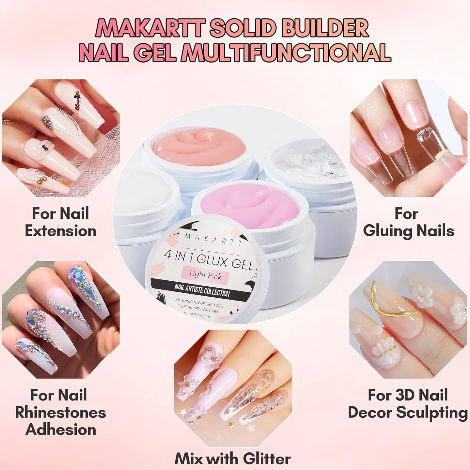 image:imageMakartt 3d Gel Nail Art Kit All in One 3D Sculpting Builder DIY Kit NonStickHand Solid Gels UV LED Soak Off Gel Polish Painted Carving Molding Hard Gels Rhinestones Chrome Nail Art Salon HomeClearWhiteNude PinkLight Pink Kit