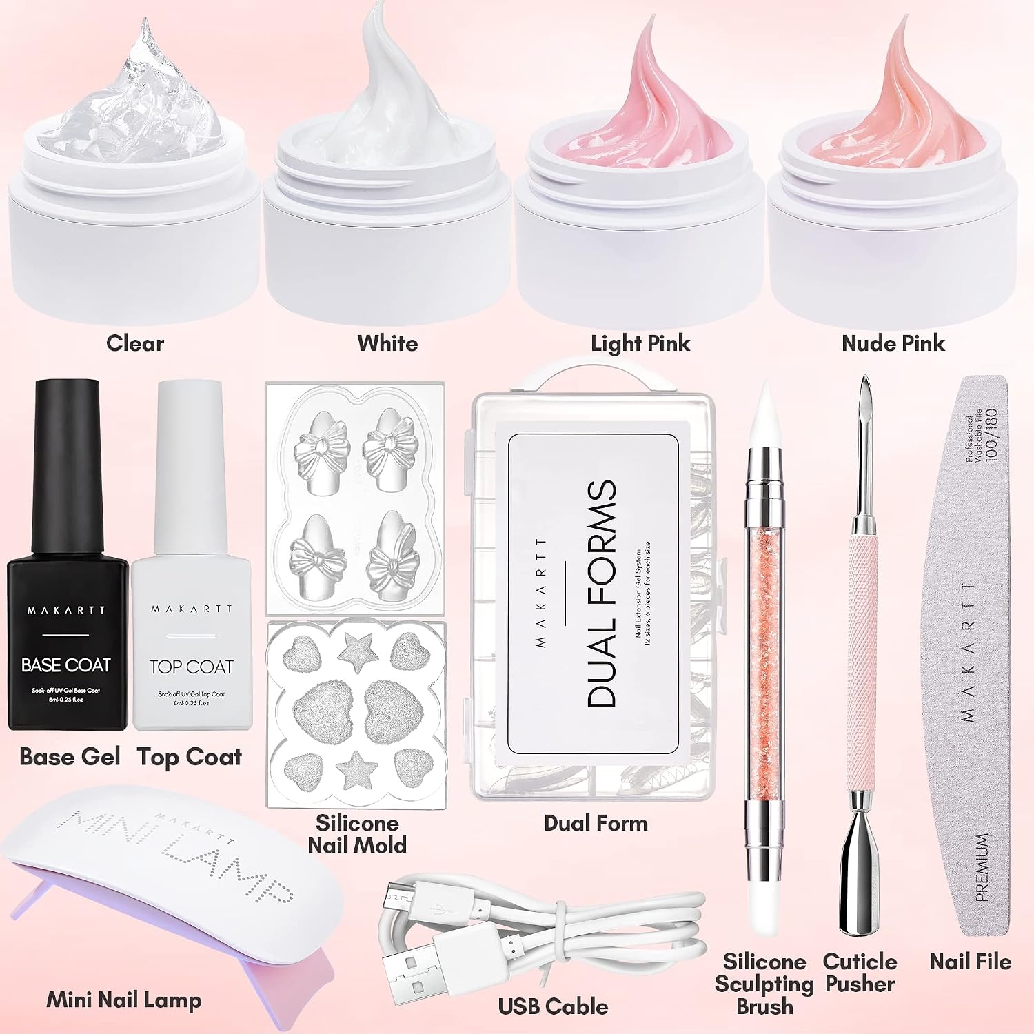 image:imageMakartt 3d Gel Nail Art Kit All in One 3D Sculpting Builder DIY Kit NonStickHand Solid Gels UV LED Soak Off Gel Polish Painted Carving Molding Hard Gels Rhinestones Chrome Nail Art Salon HomeClearWhiteNude PinkLight Pink Kit