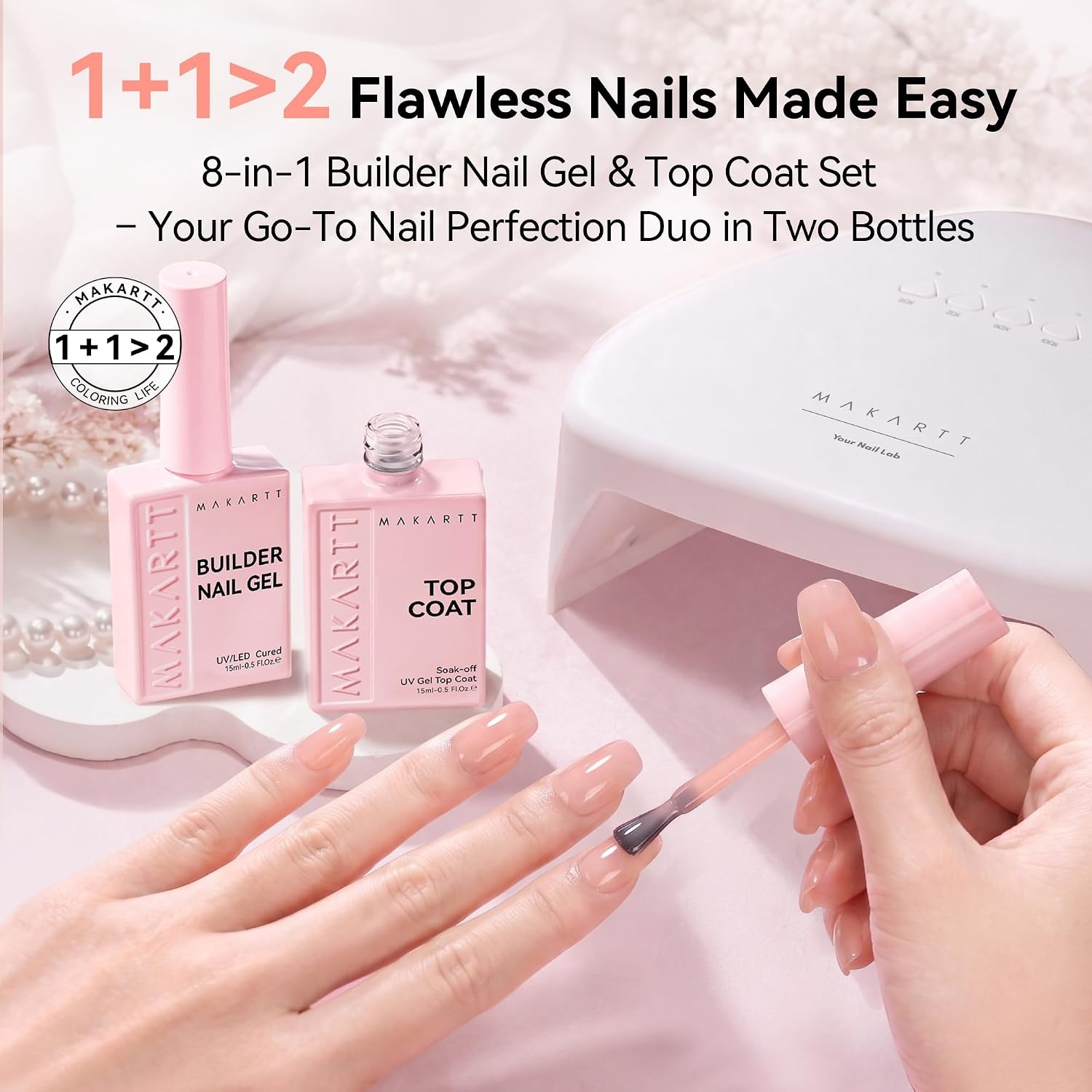 image:imageMakartt Builder Base and Top Coat Kit 2 Pcs 15ml Glossy Top Coat with 8 in 1 Nude Builder Nail Gel for Nail Strengthen Rubber Base Rhinestone Glue Beginner DIY amp Home Manicure LED Lamp NeededNude Nail Builder Top Coat
