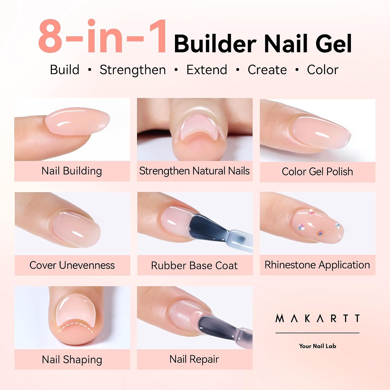 image:imageMakartt Builder Base and Top Coat Kit 2 Pcs 15ml Glossy Top Coat with 8 in 1 Nude Builder Nail Gel for Nail Strengthen Rubber Base Rhinestone Glue Beginner DIY amp Home Manicure LED Lamp NeededNude Nail Builder Top Coat