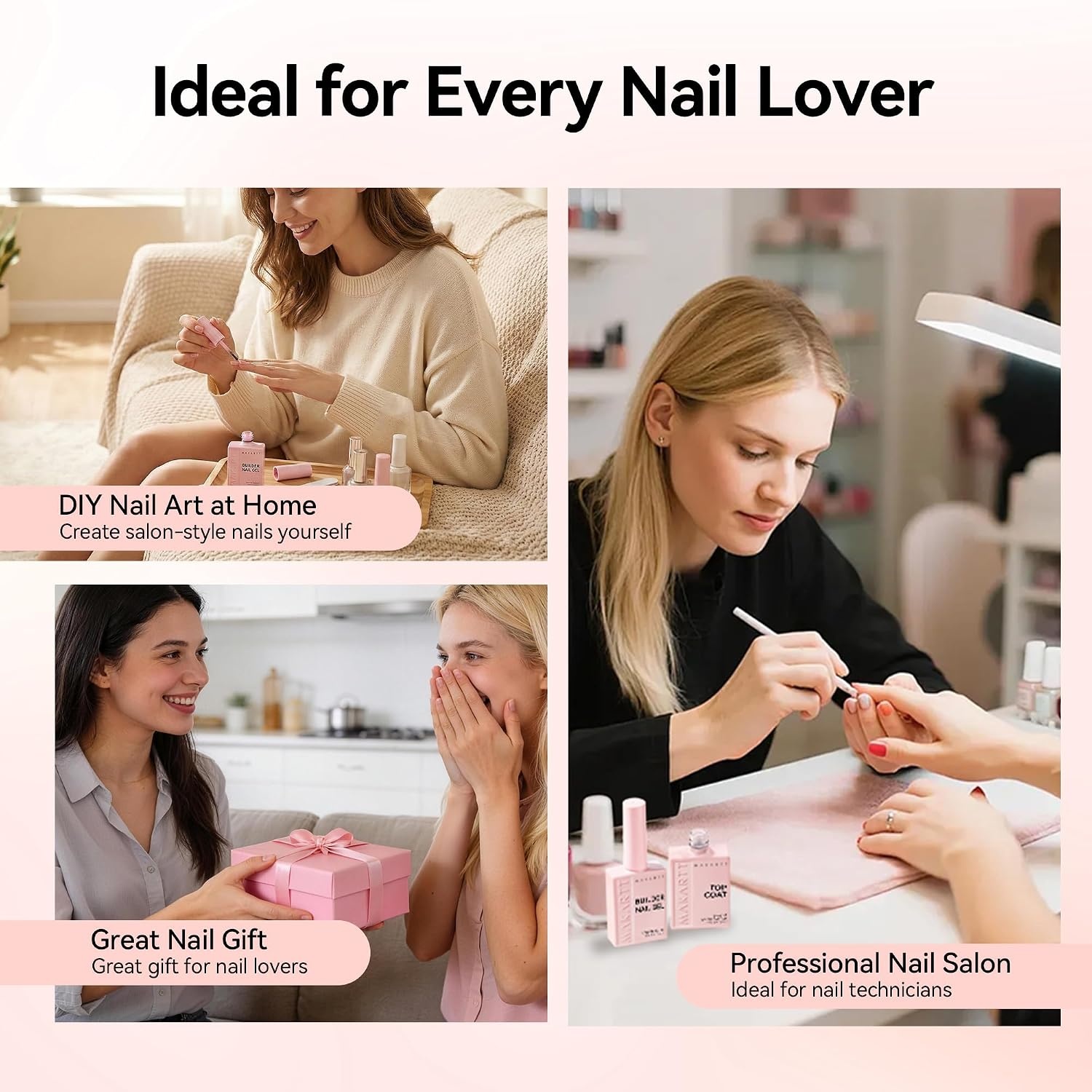 image:imageMakartt Builder Base and Top Coat Kit 2 Pcs 15ml Glossy Top Coat with 8 in 1 Nude Builder Nail Gel for Nail Strengthen Rubber Base Rhinestone Glue Beginner DIY amp Home Manicure LED Lamp NeededNude Nail Builder Top Coat