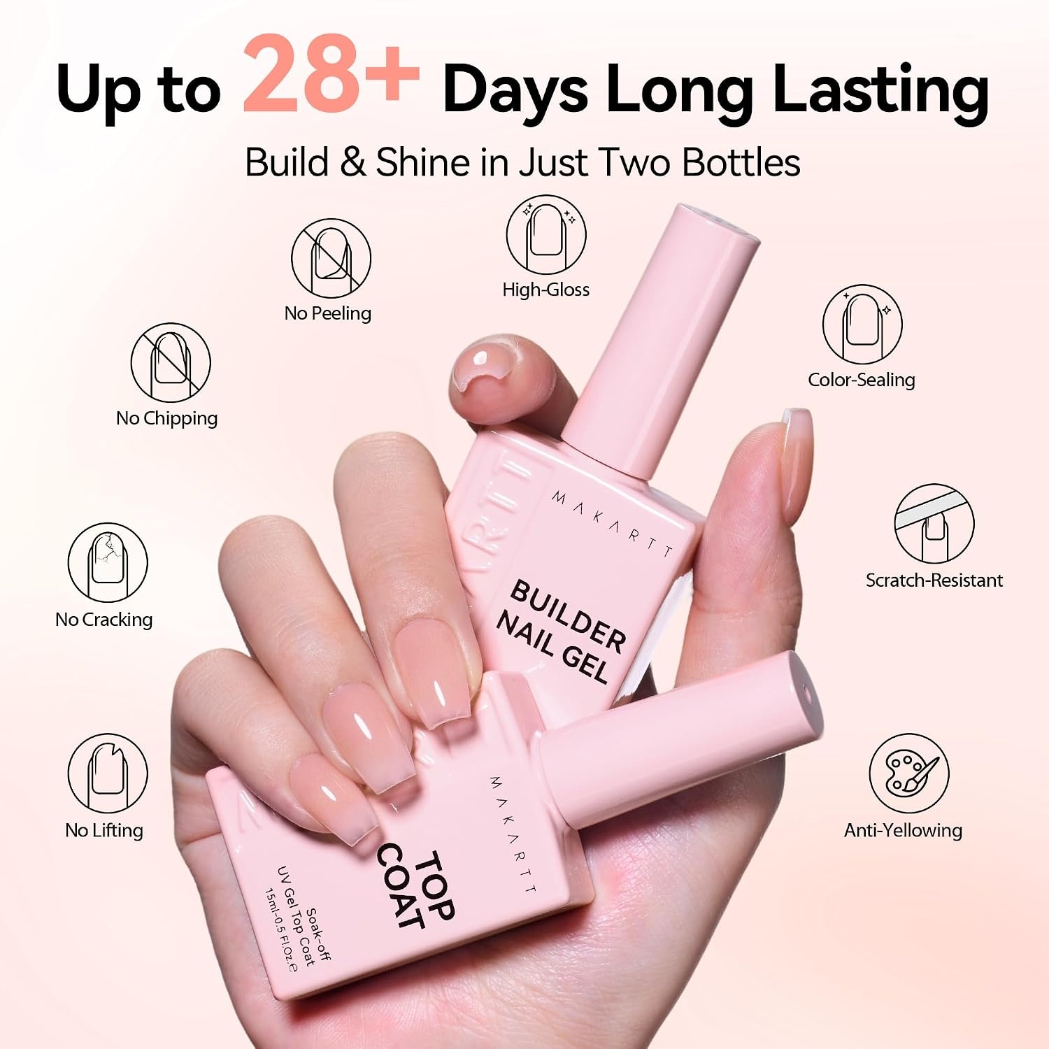 image:imageMakartt Builder Base and Top Coat Kit 2 Pcs 15ml Glossy Top Coat with 8 in 1 Nude Builder Nail Gel for Nail Strengthen Rubber Base Rhinestone Glue Beginner DIY amp Home Manicure LED Lamp NeededNude Nail Builder Top Coat