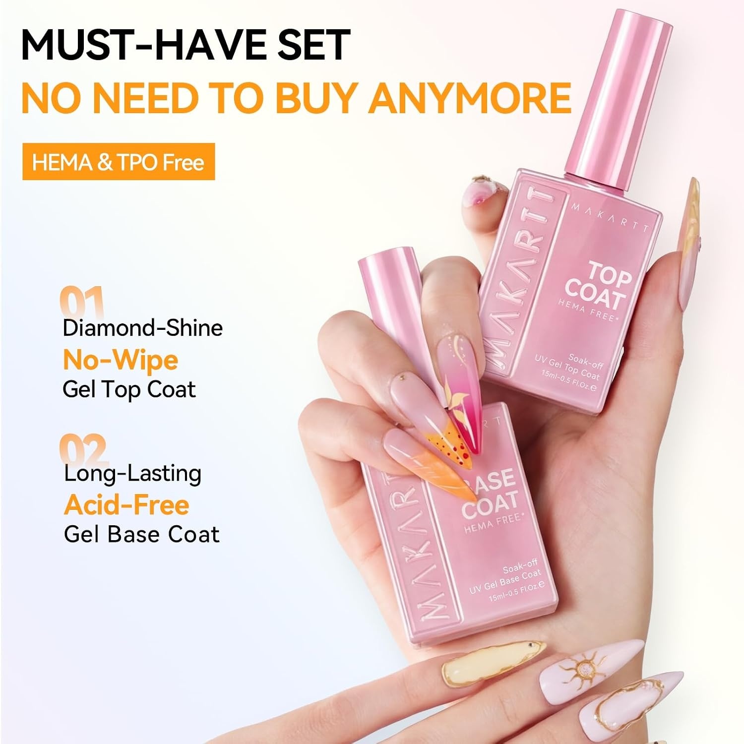 image:imageMakartt Gel Top Coat 2 PCS No Wipe Top Coat Gel Nail Polish High Glossy Shine Finish Long Lasting 10ML Clear Soak Off UV Nail Lamp Salon Quality Art Design for Home Use Beauty Spring GiftHemafree Base Top Coat 2 Pcs