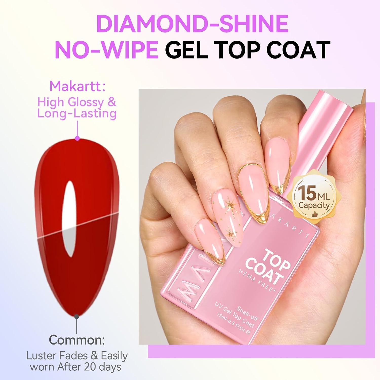 image:imageMakartt Gel Top Coat 2 PCS No Wipe Top Coat Gel Nail Polish High Glossy Shine Finish Long Lasting 10ML Clear Soak Off UV Nail Lamp Salon Quality Art Design for Home Use Beauty Spring GiftHemafree Gel Top Coat 2 Pcs