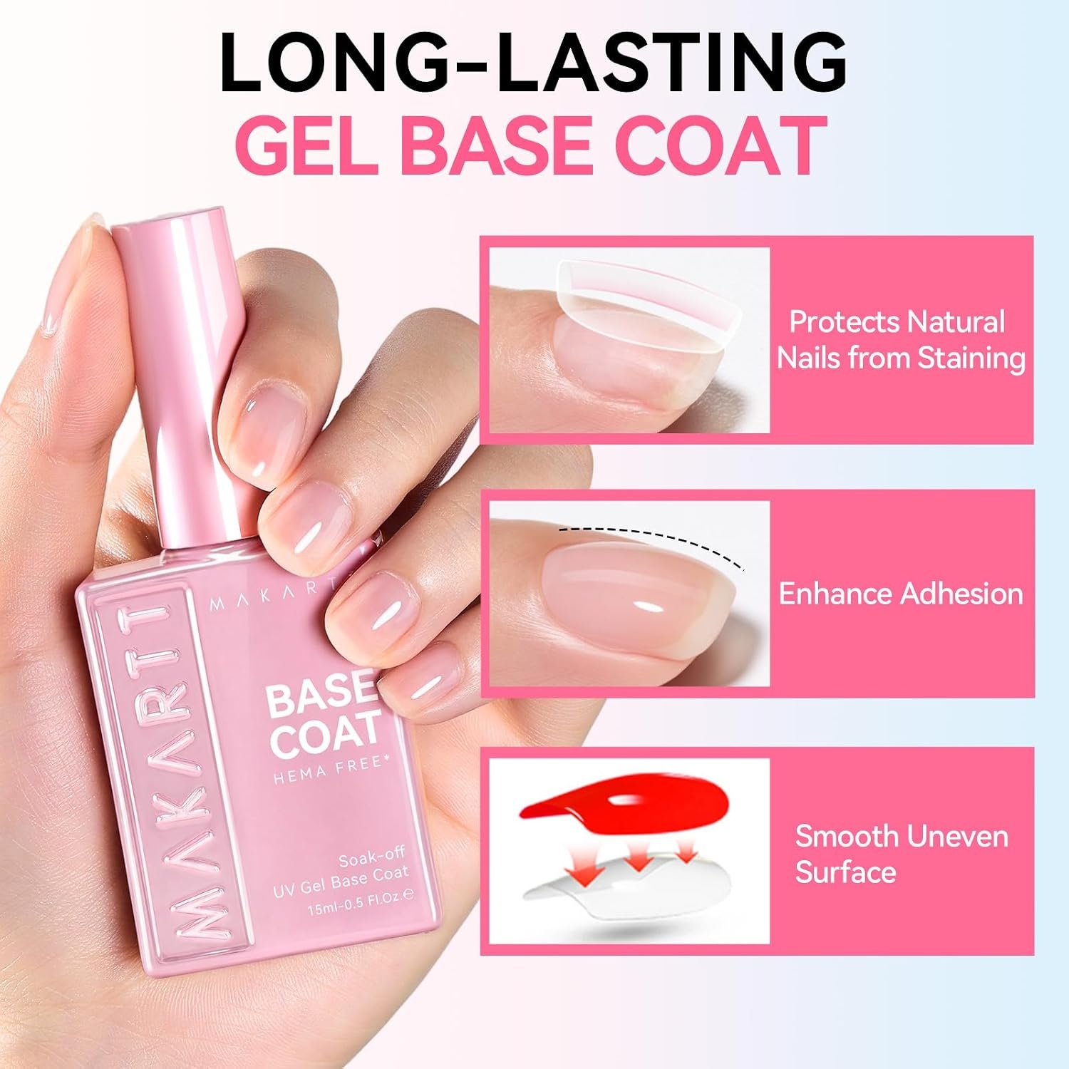 image:imageMakartt Gel Top Coat 2 PCS No Wipe Top Coat Gel Nail Polish High Glossy Shine Finish Long Lasting 10ML Clear Soak Off UV Nail Lamp Salon Quality Art Design for Home Use Beauty Spring GiftHemafree Gel Base Coat 1 Pcs