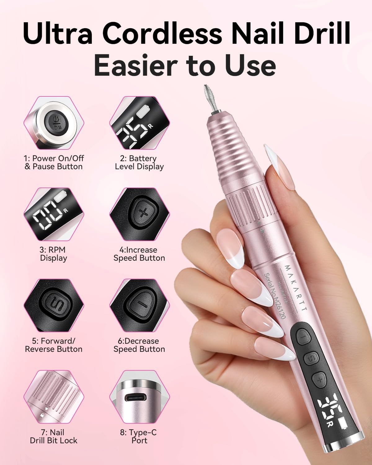 image:imageMakartt Nail Drill Electric Nail File JD700 Nail Drills for Acrylic Nails Professional 30000RPM Manicure Tools Nail Stuff Acrylic Nail Drill for Nail Dip Kit Acrylic Powder Poly Nail Gel B01Typus Pink