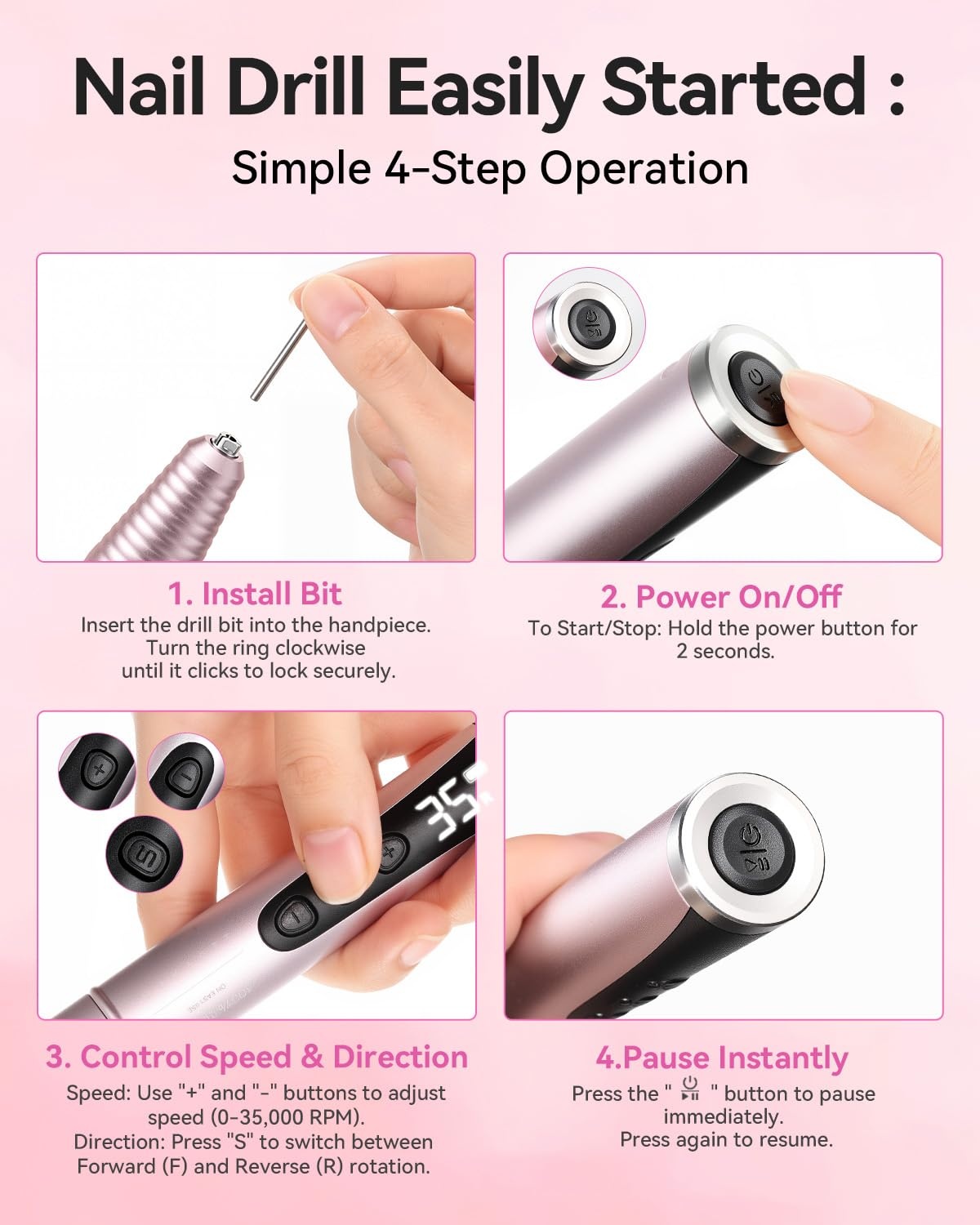 image:imageMakartt Nail Drill Electric Nail File JD700 Nail Drills for Acrylic Nails Professional 30000RPM Manicure Tools Nail Stuff Acrylic Nail Drill for Nail Dip Kit Acrylic Powder Poly Nail Gel B01Typus Pink