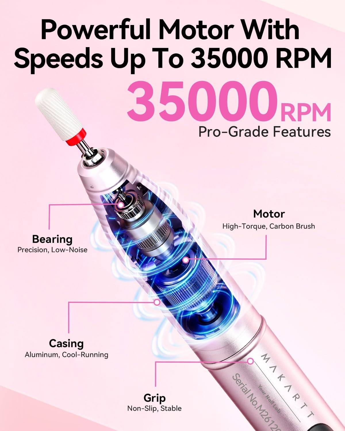 image:imageMakartt Nail Drill Electric Nail File JD700 Nail Drills for Acrylic Nails Professional 30000RPM Manicure Tools Nail Stuff Acrylic Nail Drill for Nail Dip Kit Acrylic Powder Poly Nail Gel B01Typus Pink