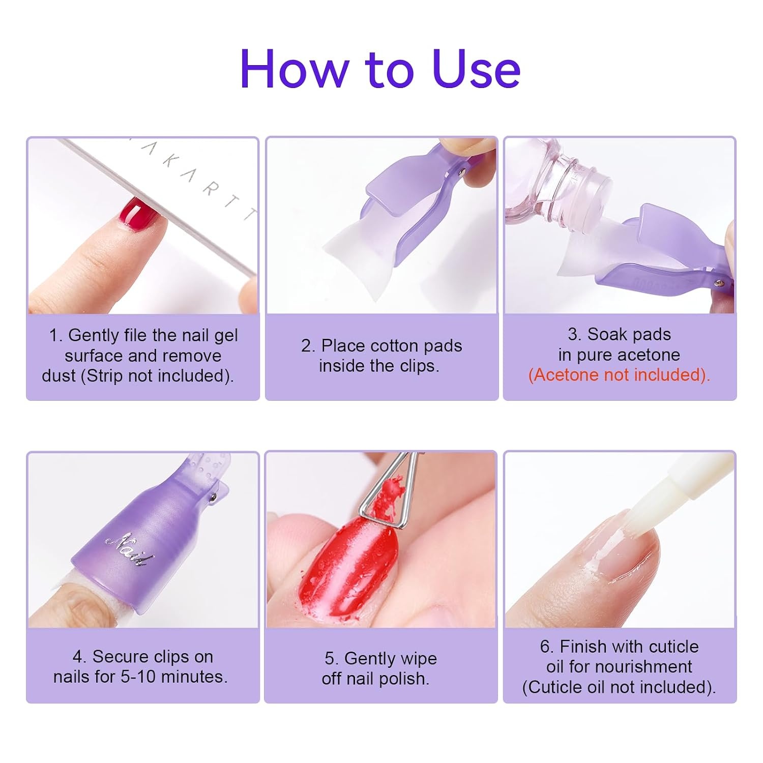 image:imageMakartt Nail Polish Remover Clips Kit 20PCS Reusable Nail Soak Off Clips for Fingers amp Toes Acrylic amp Nail Remover Tools DoubleEnded Cuticle Pusher Fast MessFree Gel Removal at Home or Salonpurple