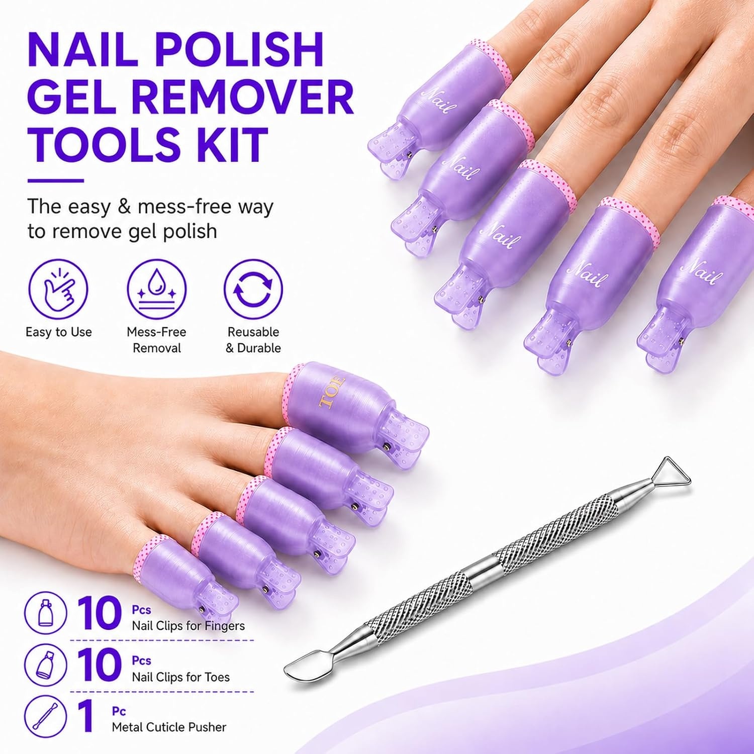 image:imageMakartt Nail Polish Remover Clips Kit 20PCS Reusable Nail Soak Off Clips for Fingers amp Toes Acrylic amp Nail Remover Tools DoubleEnded Cuticle Pusher Fast MessFree Gel Removal at Home or Salonpurple