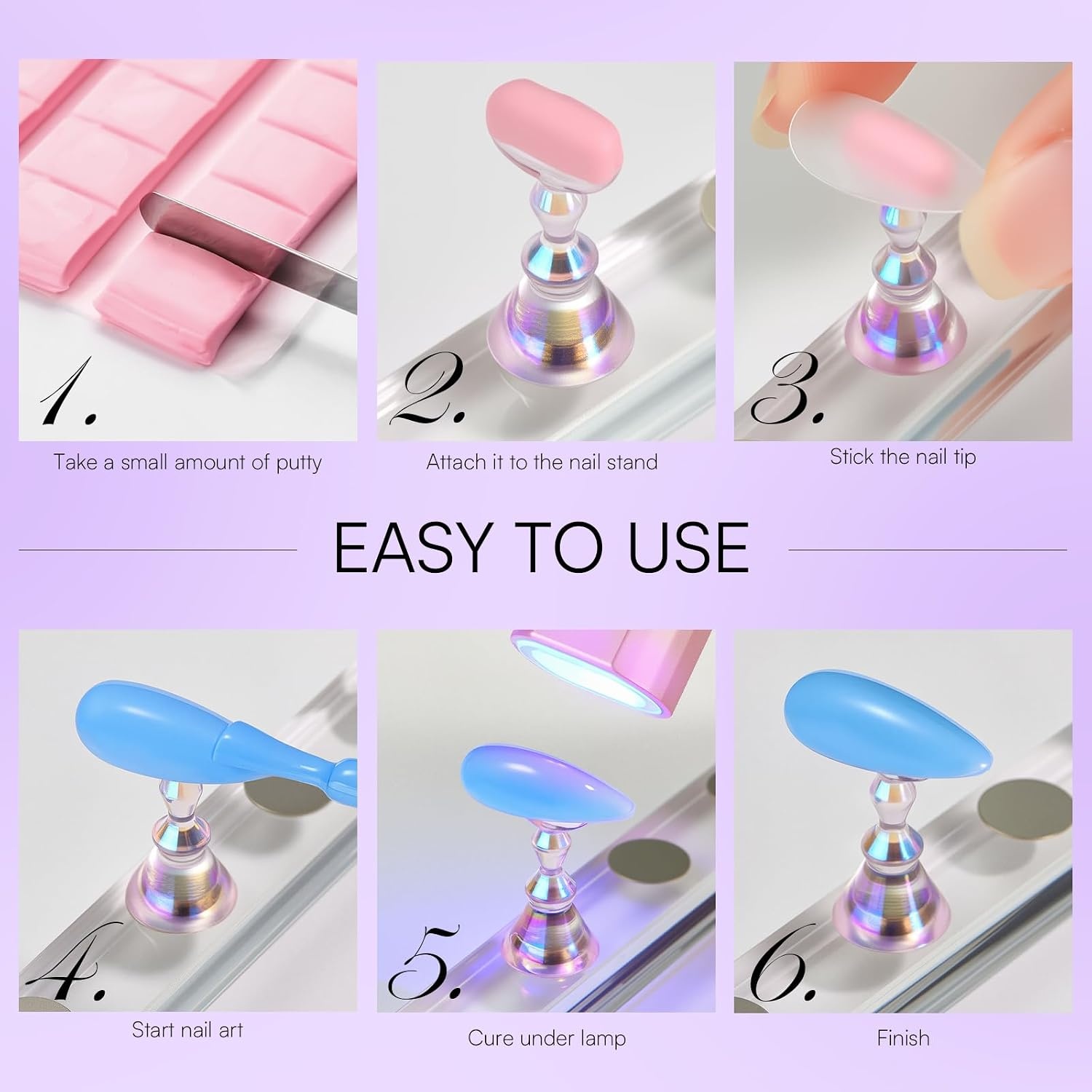 image:imageMakartt Nail Stand Clear Nail Holder for Painting Nails DIY Magnetic Press on Stand for Art Display Practice Clear Glitter Flower Fake Holder for Home Salon with Reusable Adhesive PuttyHolo Purple Stands with Clear Base