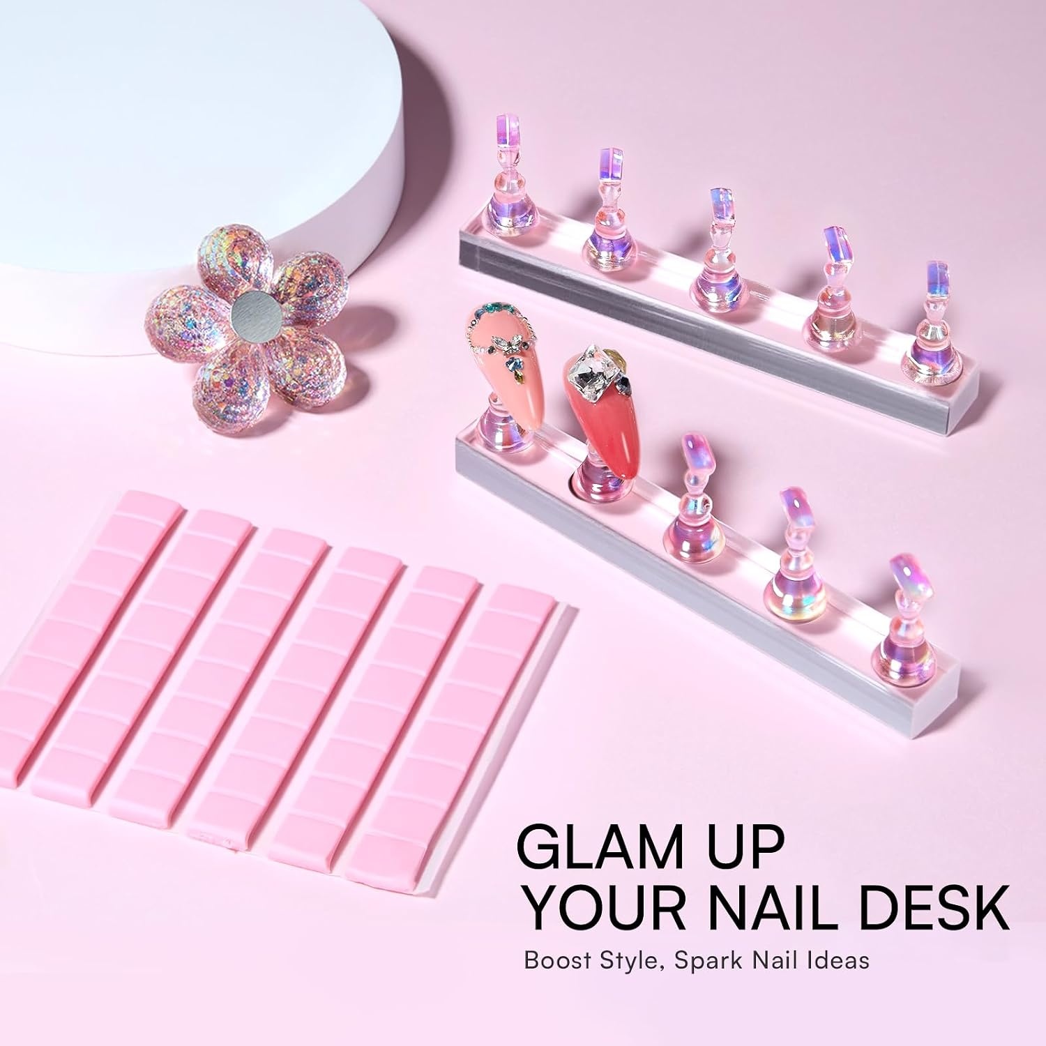 image:imageMakartt Nail Stand Clear Nail Holder for Painting Nails DIY Magnetic Press on Stand for Art Display Practice Clear Glitter Flower Fake Holder for Home Salon with Reusable Adhesive PuttyHolo Pink Stands with Clear Base