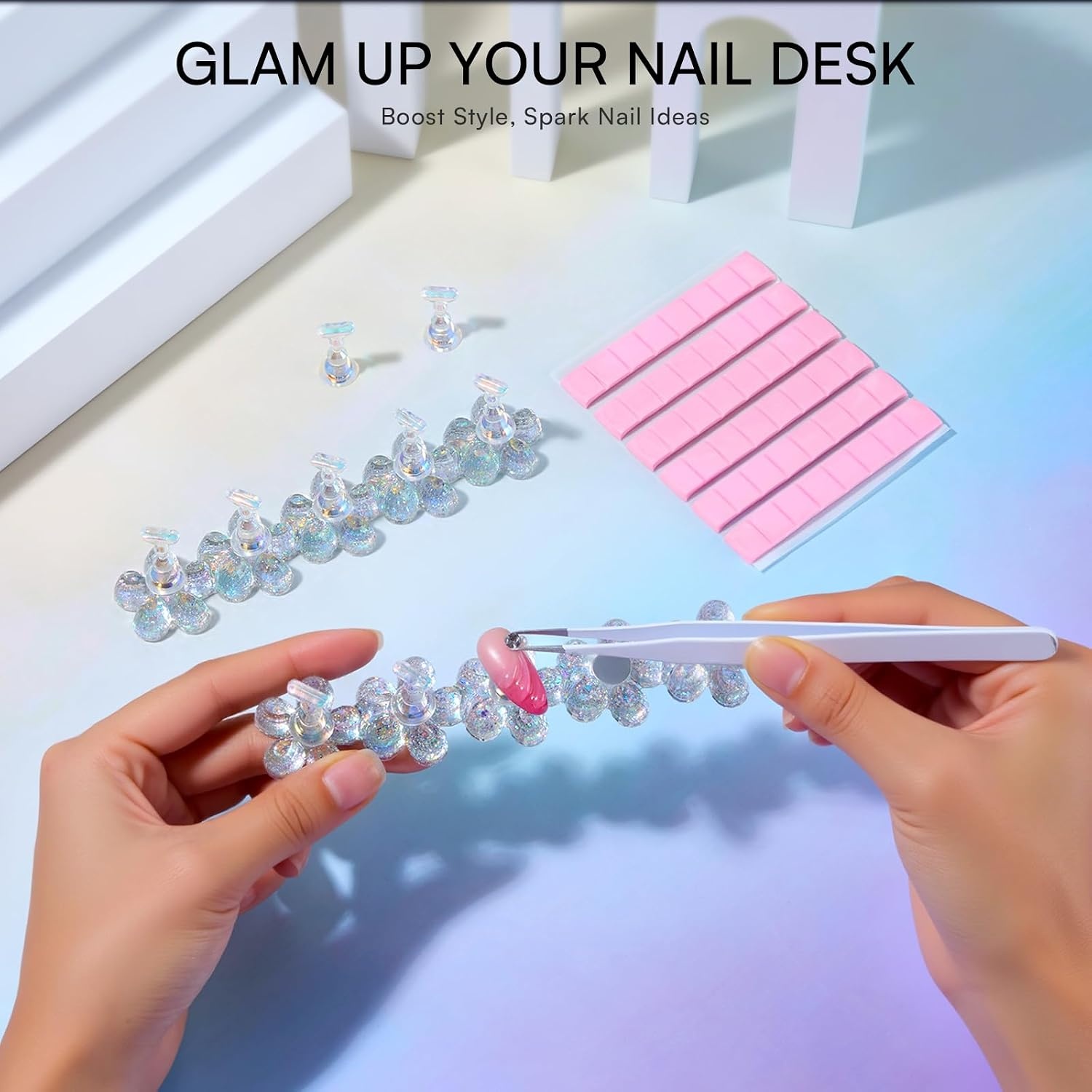 image:imageMakartt Nail Stand Clear Nail Holder for Painting Nails DIY Magnetic Press on Stand for Art Display Practice Clear Glitter Flower Fake Holder for Home Salon with Reusable Adhesive PuttyHolo Clear Stands with Flower Base