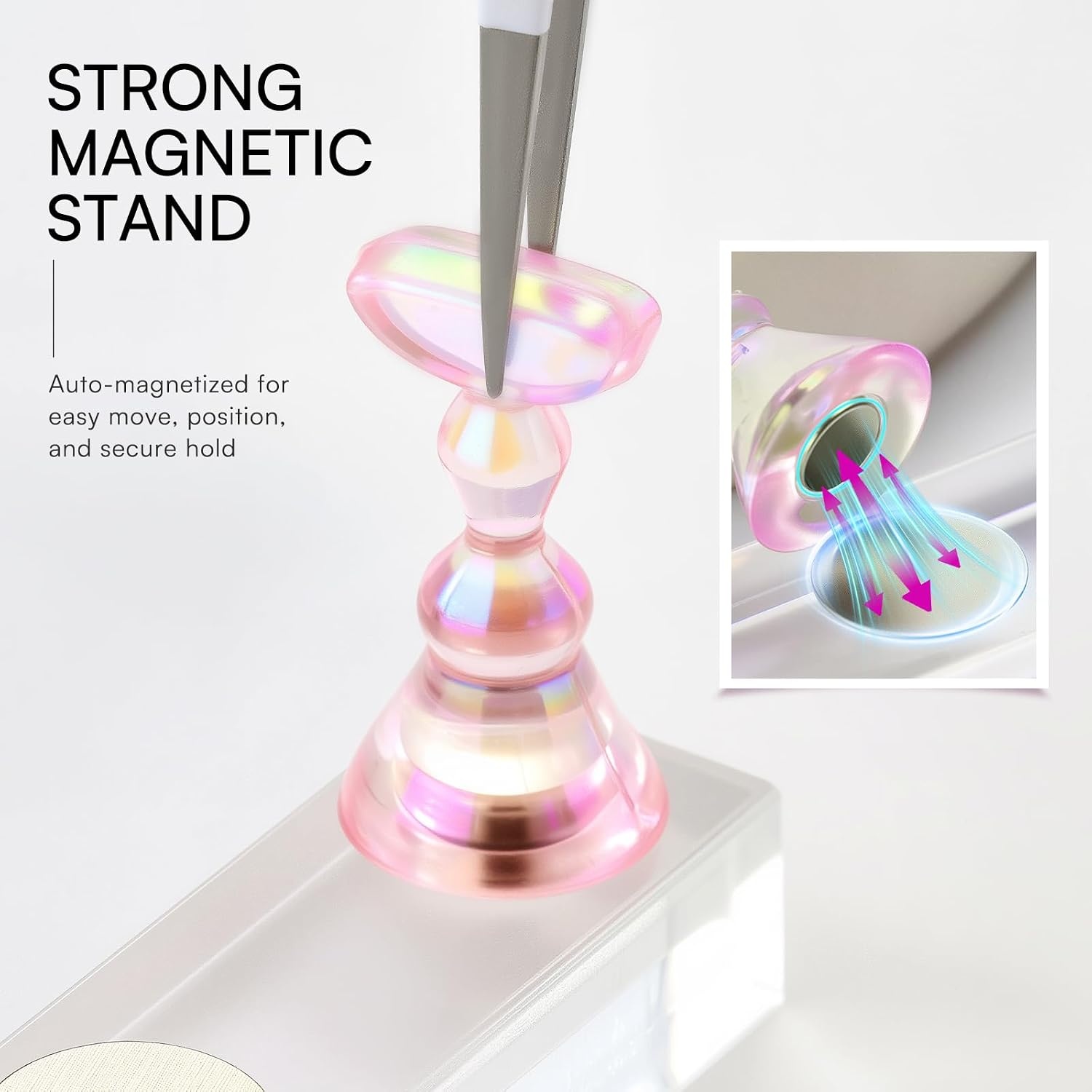 image:imageMakartt Nail Stand Clear Nail Holder for Painting Nails DIY Magnetic Press on Stand for Art Display Practice Clear Glitter Flower Fake Holder for Home Salon with Reusable Adhesive PuttyHolo Pink Stands with Clear Base