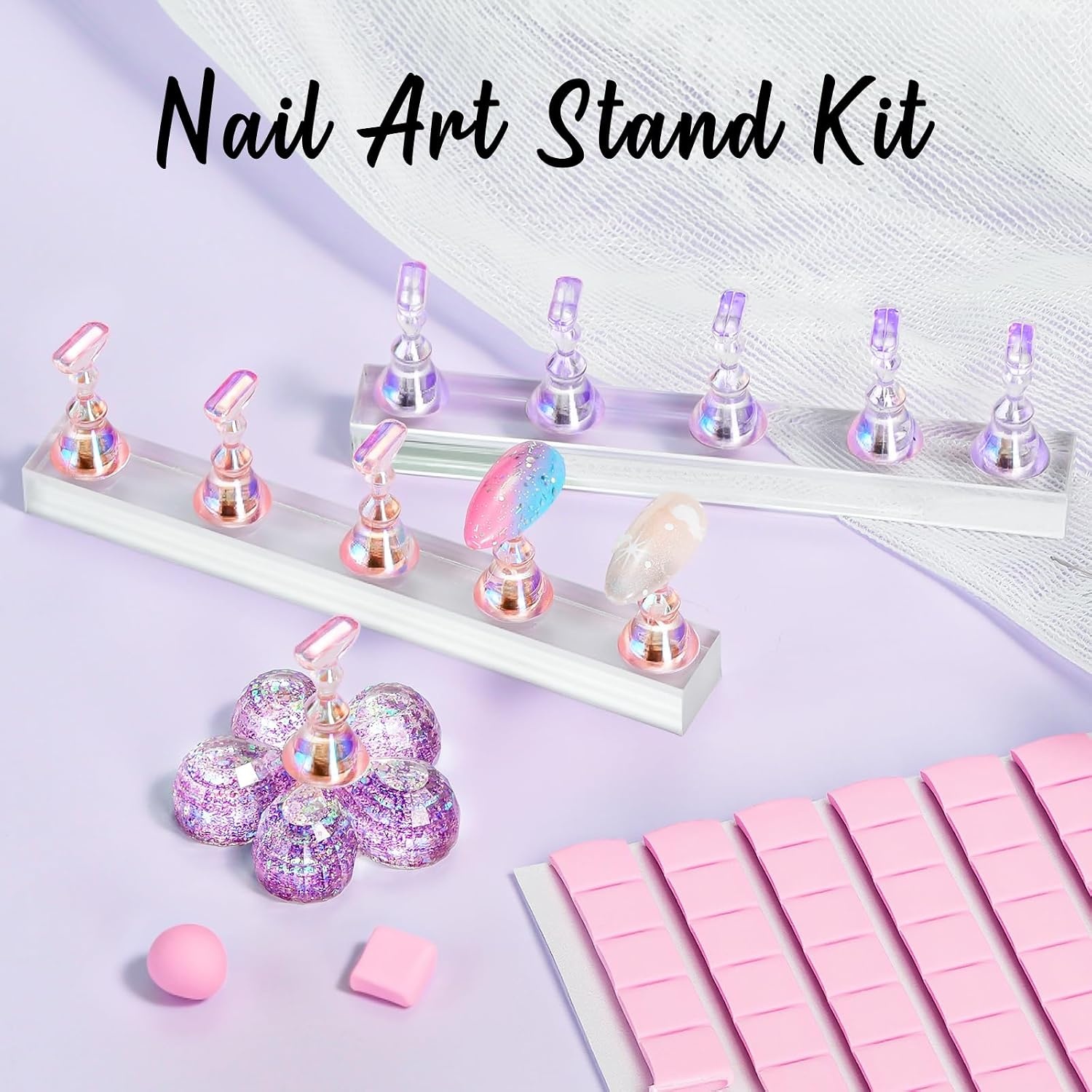 image:imageMakartt Nail Stand Clear Nail Holder for Painting Nails DIY Magnetic Press on Stand for Art Display Practice Clear Glitter Flower Fake Holder for Home Salon with Reusable Adhesive PuttyHolo Pink Purple Stands with Clear Base