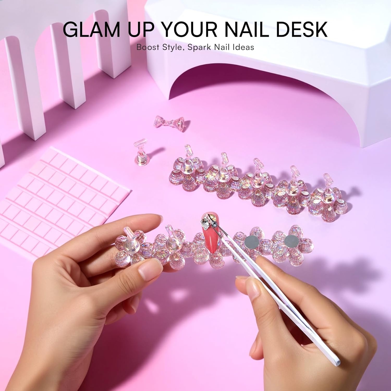 image:imageMakartt Nail Stand Clear Nail Holder for Painting Nails DIY Magnetic Press on Stand for Art Display Practice Clear Glitter Flower Fake Holder for Home Salon with Reusable Adhesive PuttyHolo Pink Stands with Flower Base