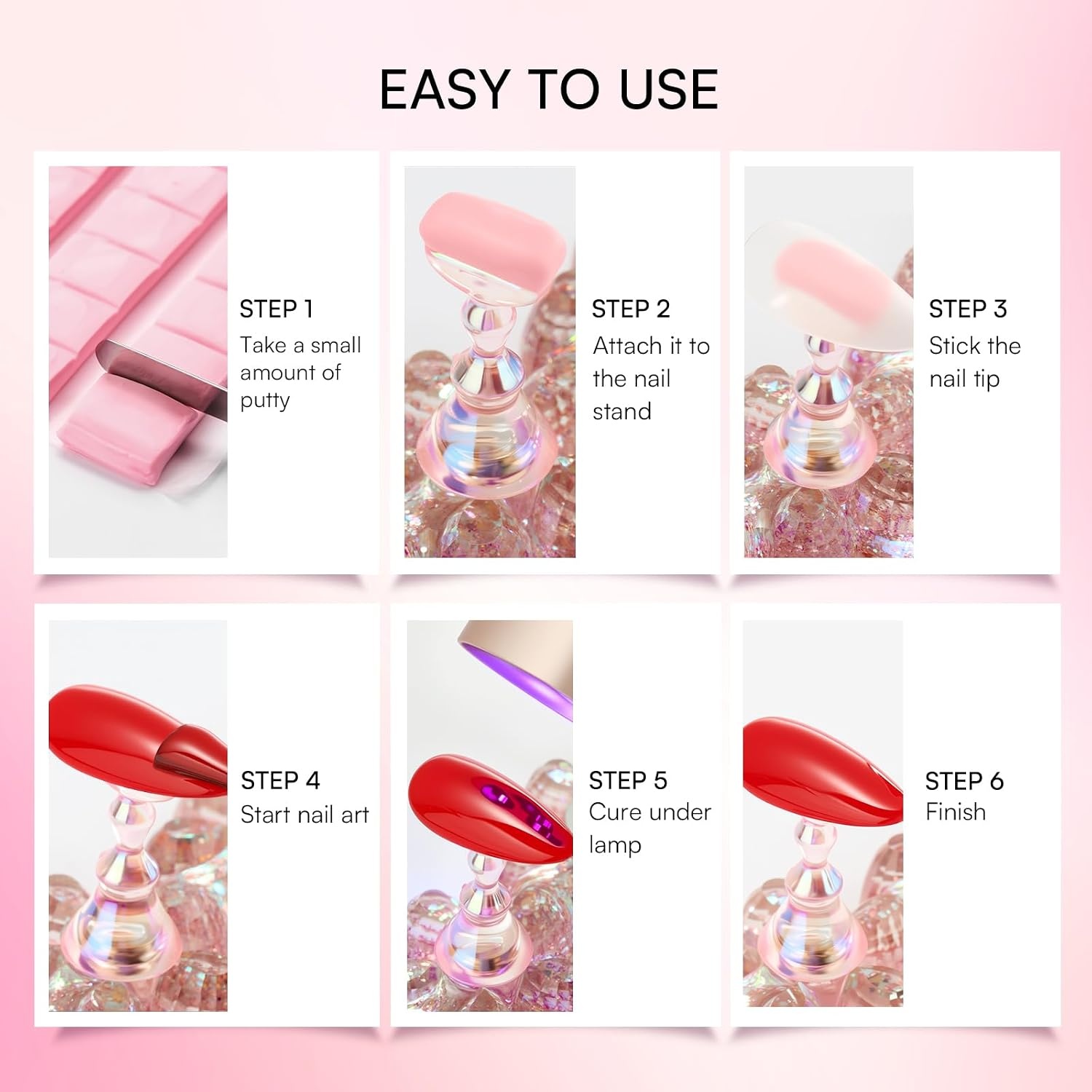 image:imageMakartt Nail Stand Clear Nail Holder for Painting Nails DIY Magnetic Press on Stand for Art Display Practice Clear Glitter Flower Fake Holder for Home Salon with Reusable Adhesive PuttyHolo Pink Stands with Flower Base