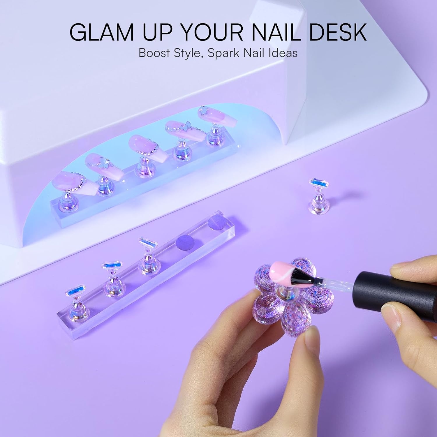 image:imageMakartt Nail Stand Clear Nail Holder for Painting Nails DIY Magnetic Press on Stand for Art Display Practice Clear Glitter Flower Fake Holder for Home Salon with Reusable Adhesive PuttyHolo Purple Stands with Clear Base