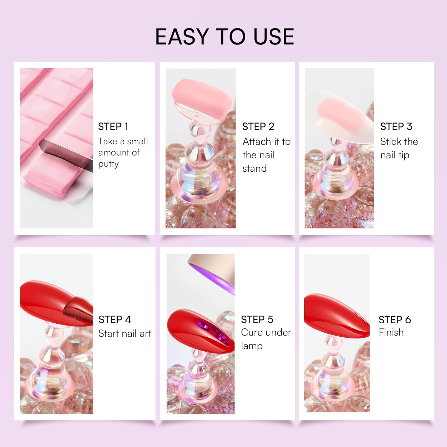 image:imageMakartt Nail Stand Clear Nail Holder for Painting Nails DIY Magnetic Press on Stand for Art Display Practice Clear Glitter Flower Fake Holder for Home Salon with Reusable Adhesive PuttyHolo Clear Pink Stands with Flower Base