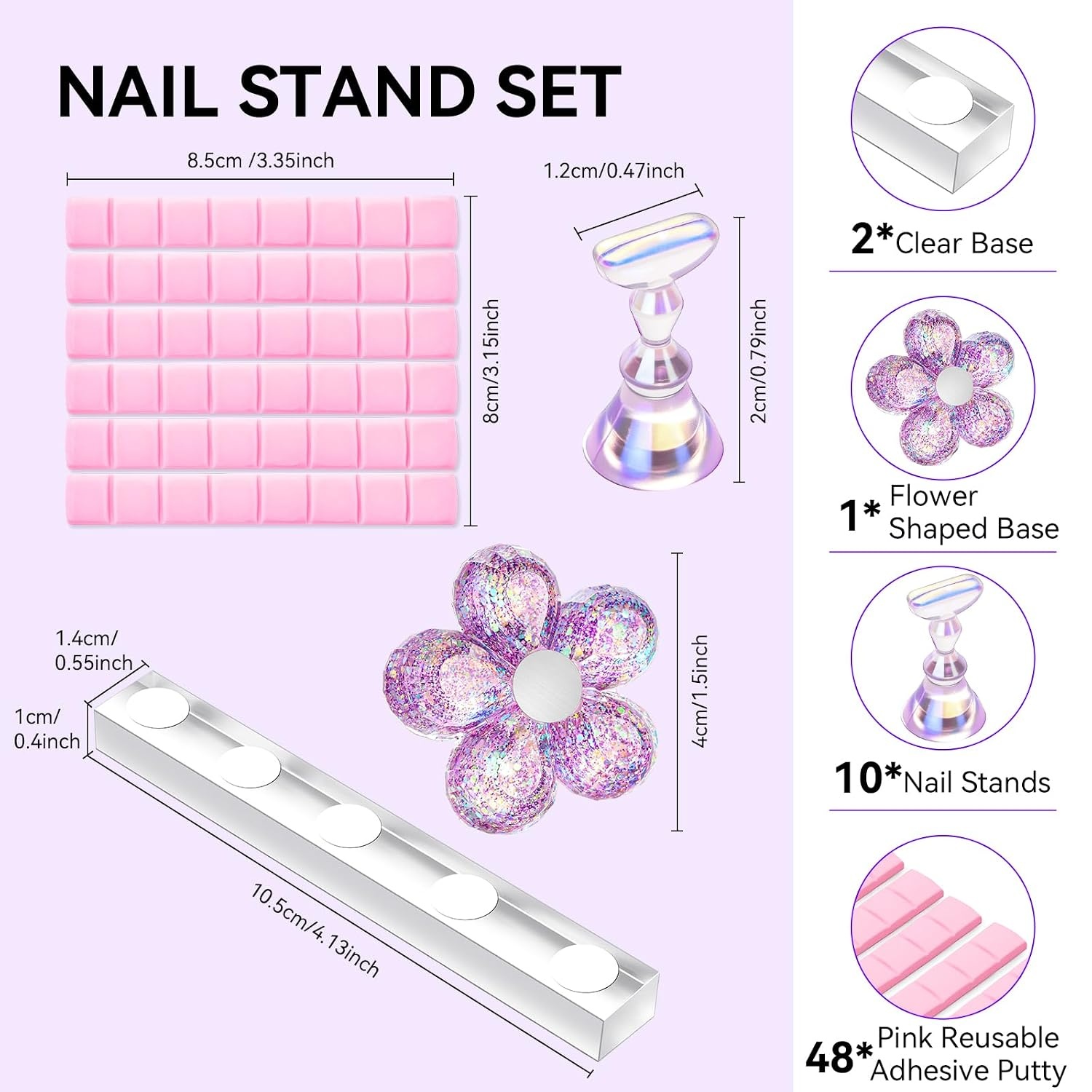 image:imageMakartt Nail Stand Clear Nail Holder for Painting Nails DIY Magnetic Press on Stand for Art Display Practice Clear Glitter Flower Fake Holder for Home Salon with Reusable Adhesive PuttyHolo Pink Purple Stands with Clear Base