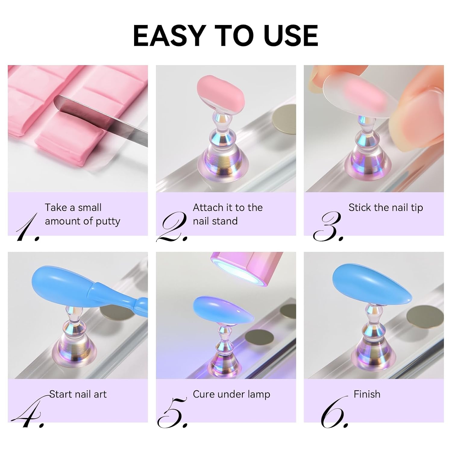 image:imageMakartt Nail Stand Clear Nail Holder for Painting Nails DIY Magnetic Press on Stand for Art Display Practice Clear Glitter Flower Fake Holder for Home Salon with Reusable Adhesive PuttyHolo Pink Purple Stands with Clear Base