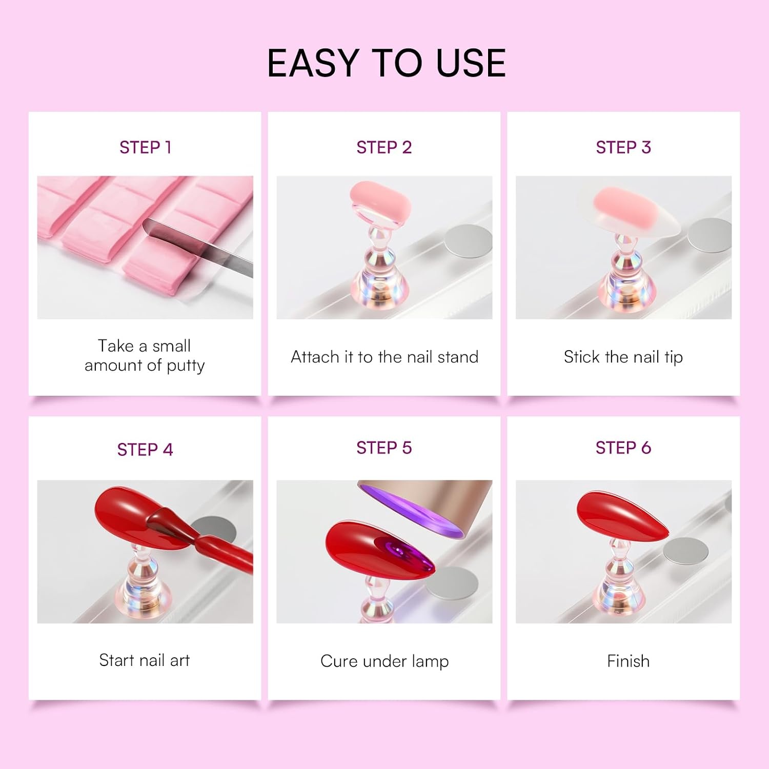 image:imageMakartt Nail Stand Clear Nail Holder for Painting Nails DIY Magnetic Press on Stand for Art Display Practice Clear Glitter Flower Fake Holder for Home Salon with Reusable Adhesive PuttyHolo Pink Stands with Clear Base