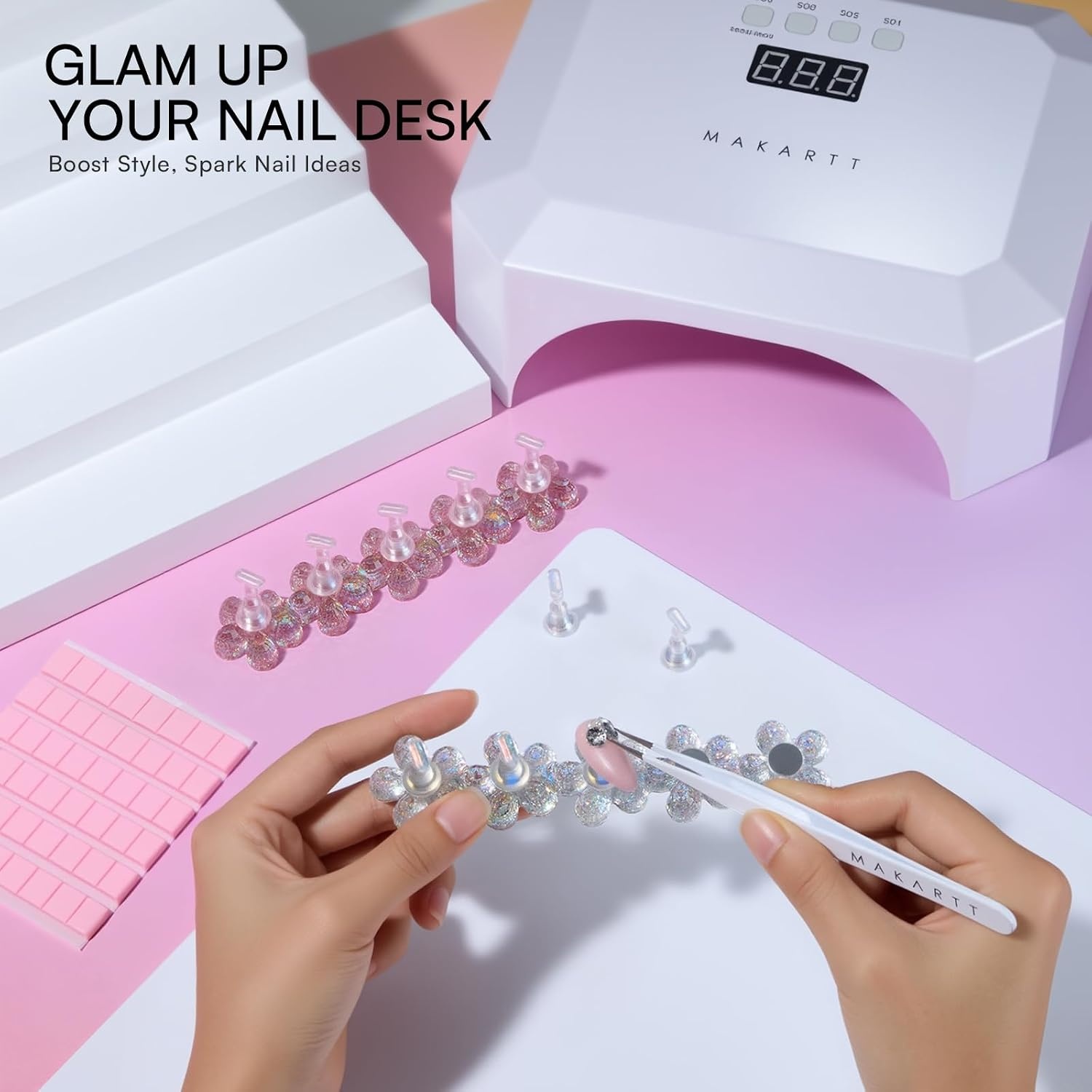 image:imageMakartt Nail Stand Clear Nail Holder for Painting Nails DIY Magnetic Press on Stand for Art Display Practice Clear Glitter Flower Fake Holder for Home Salon with Reusable Adhesive PuttyHolo Clear Pink Stands with Flower Base