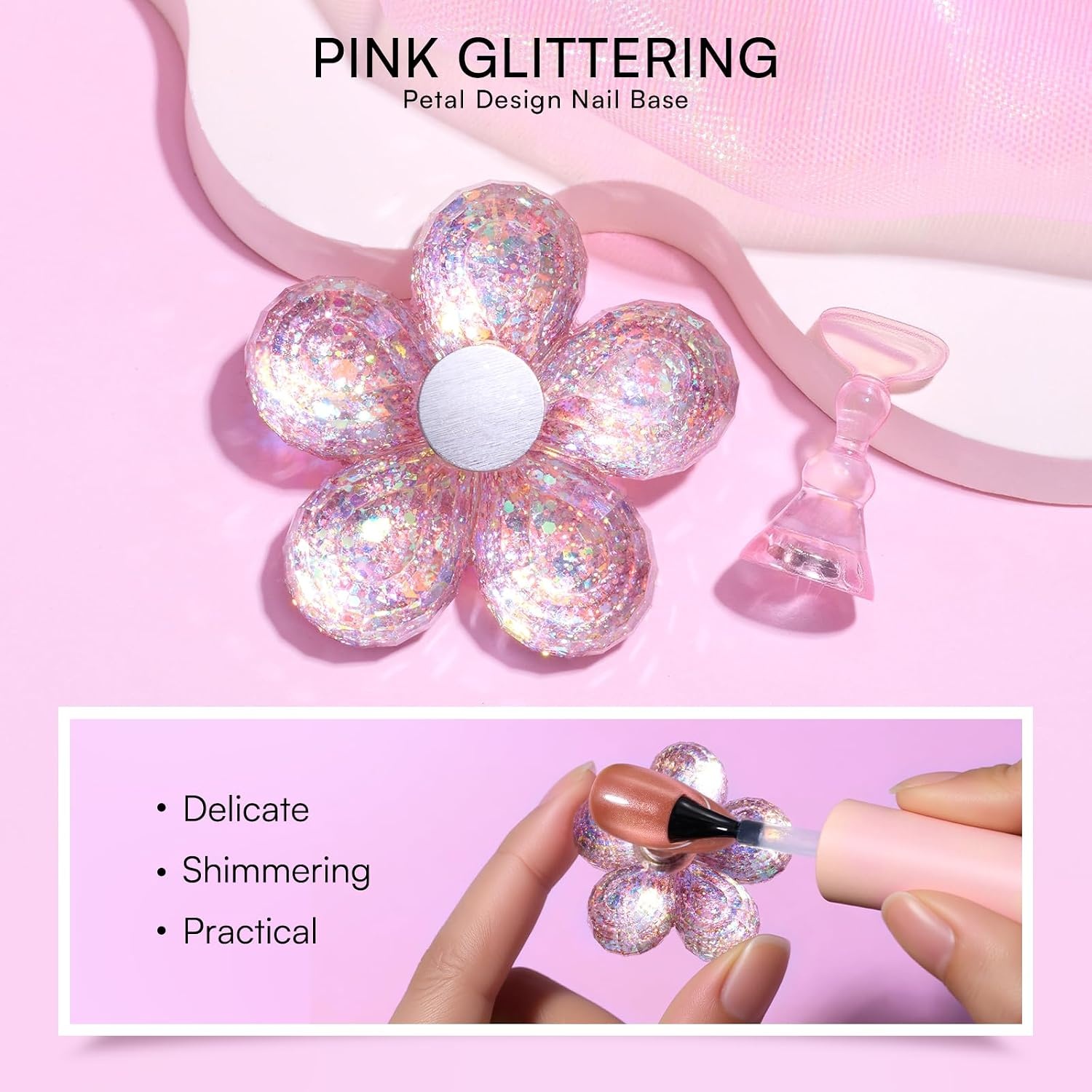 image:imageMakartt Nail Stand Clear Nail Holder for Painting Nails DIY Magnetic Press on Stand for Art Display Practice Clear Glitter Flower Fake Holder for Home Salon with Reusable Adhesive PuttyHolo Pink Stands with Clear Base