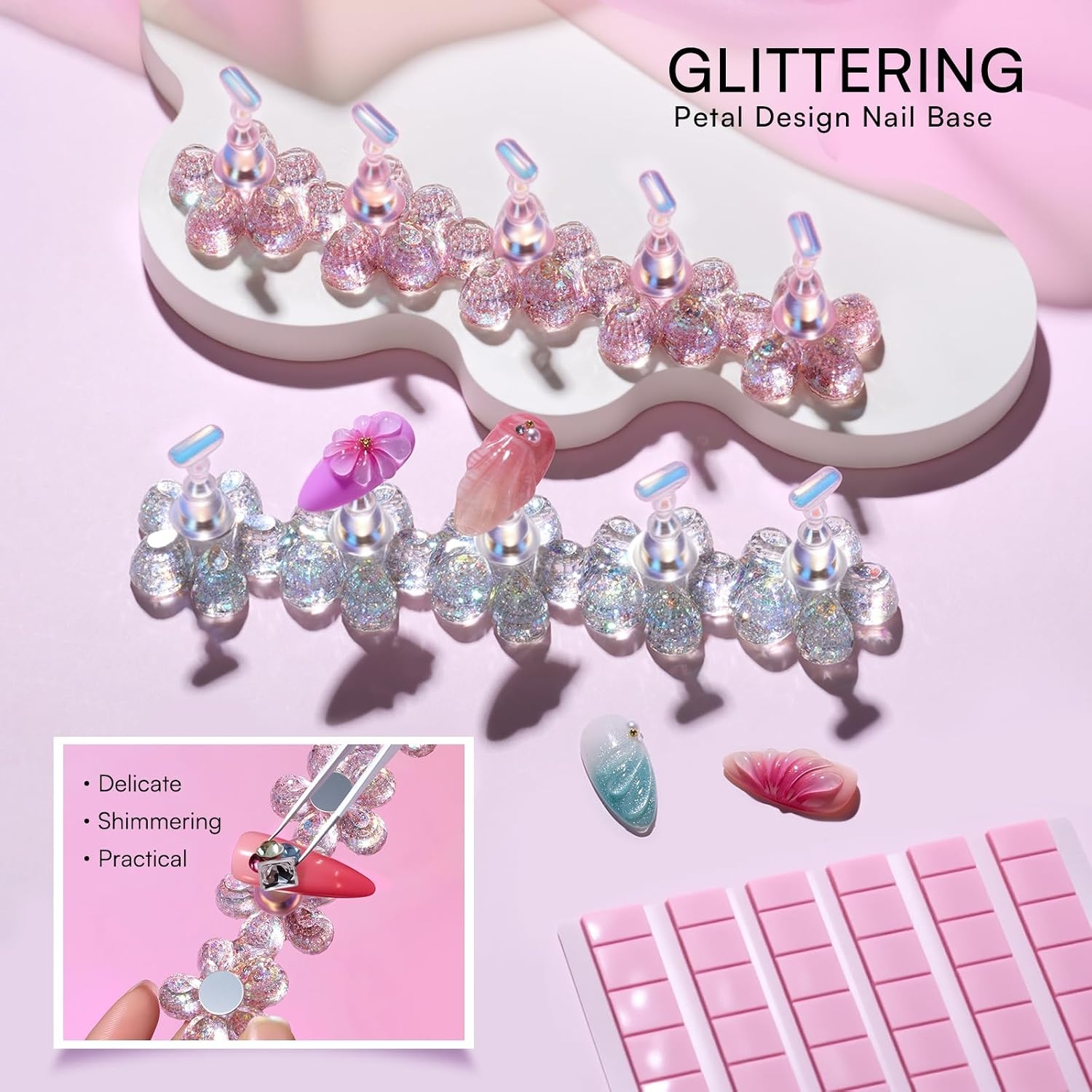 image:imageMakartt Nail Stand Clear Nail Holder for Painting Nails DIY Magnetic Press on Stand for Art Display Practice Clear Glitter Flower Fake Holder for Home Salon with Reusable Adhesive PuttyHolo Clear Pink Stands with Flower Base