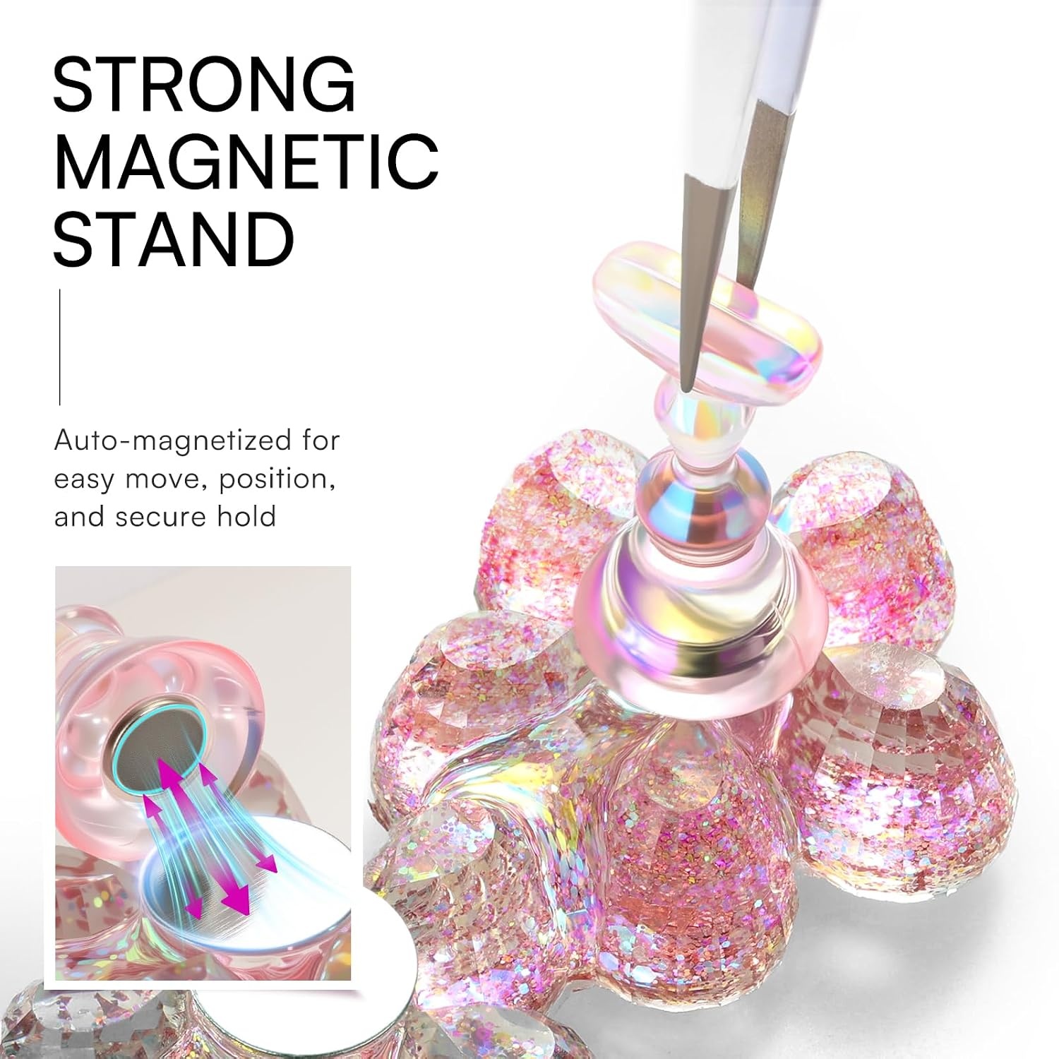 image:imageMakartt Nail Stand Clear Nail Holder for Painting Nails DIY Magnetic Press on Stand for Art Display Practice Clear Glitter Flower Fake Holder for Home Salon with Reusable Adhesive PuttyHolo Pink Stands with Flower Base