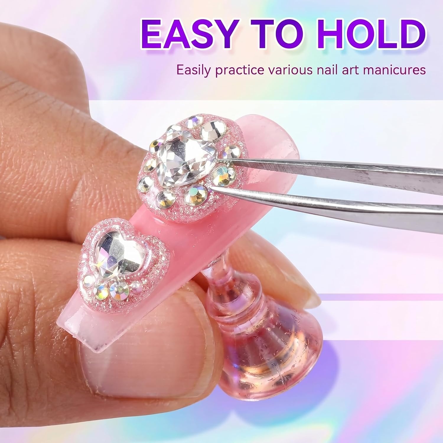 image:imageMakartt Nail Stand Clear Nail Holder for Painting Nails DIY Magnetic Press on Stand for Art Display Practice Clear Glitter Flower Fake Holder for Home Salon with Reusable Adhesive PuttyHolo Clear Pink Stands with Pink Base