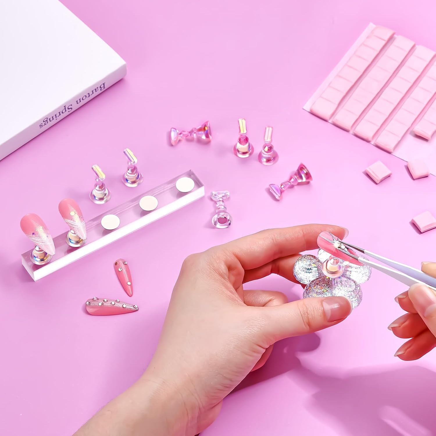 image:imageMakartt Nail Stand Press On Nails Stand Display Practice Art Magnetic Fake Nail Holder for Painting Nails Stand for False Nail Designs with Doublesided Tape for Home DIY Beginner Salon SuppliesPinkClear