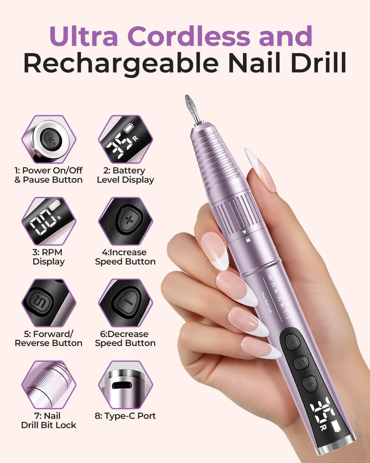 image:imageMakartt PenShaped Rechargeable Nail Drill for Beginners 25000 RPM Cordless Electric Nail File with 5Speed LED Display Lightweight Quiet E File Kit for Gel Polish Removal Home Travel Use PinkTypus Purple