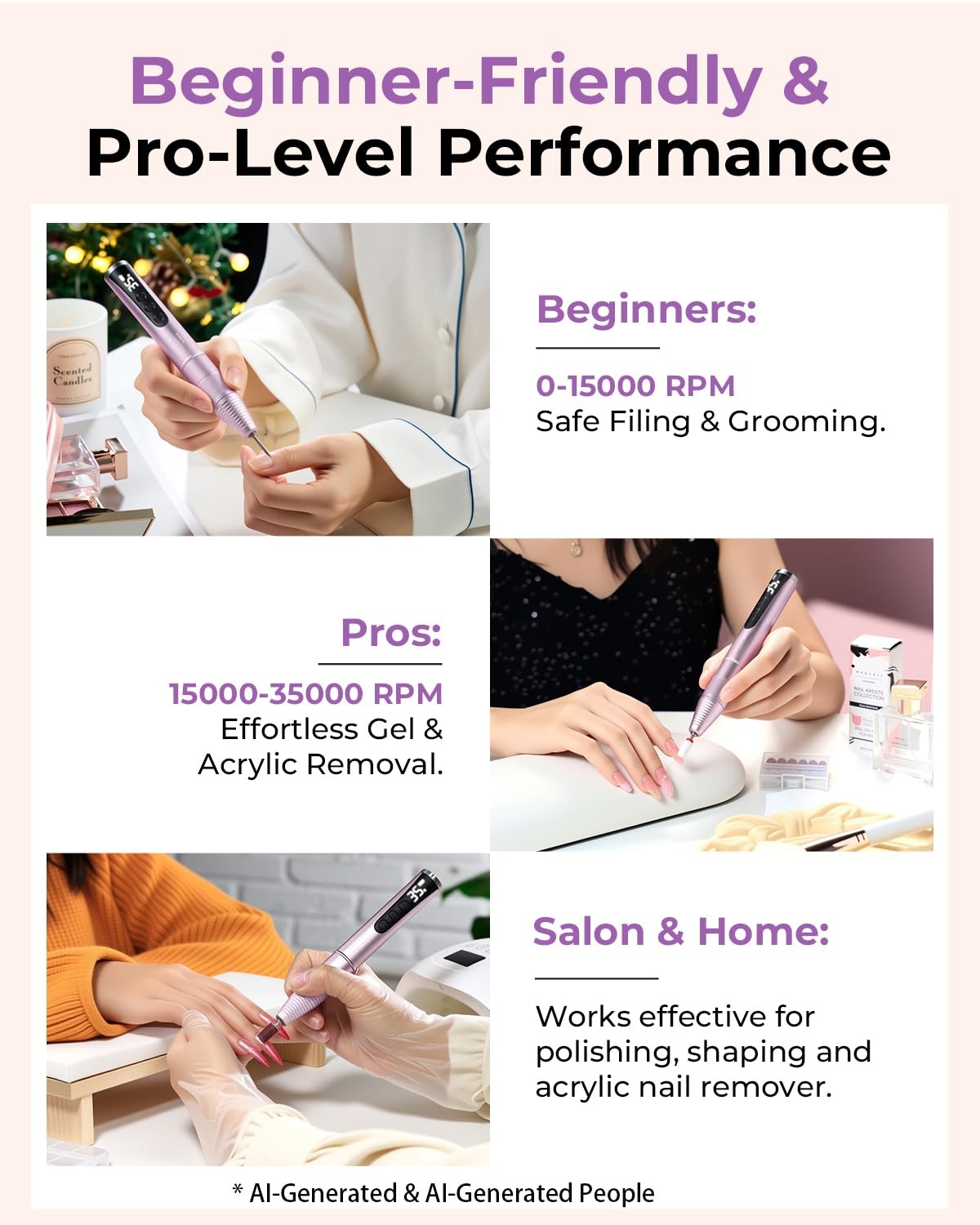 image:imageMakartt PenShaped Rechargeable Nail Drill for Beginners 25000 RPM Cordless Electric Nail File with 5Speed LED Display Lightweight Quiet E File Kit for Gel Polish Removal Home Travel Use PinkTypus Purple