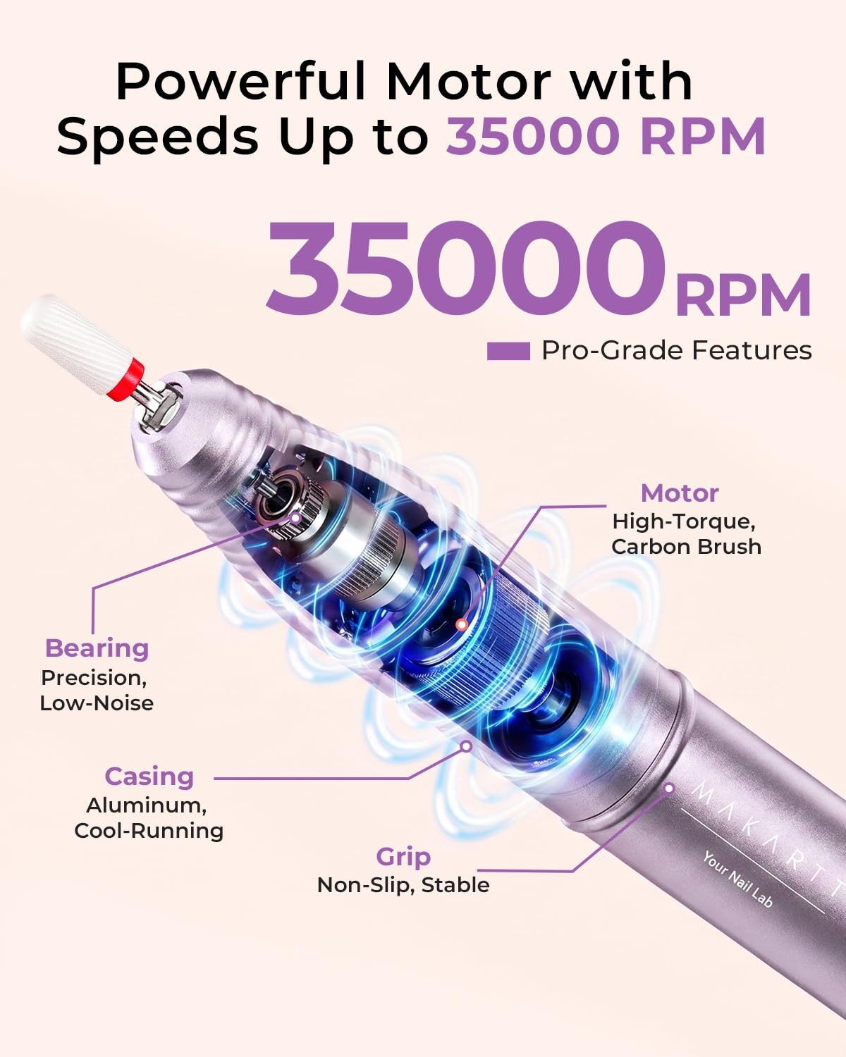 image:imageMakartt PenShaped Rechargeable Nail Drill for Beginners 25000 RPM Cordless Electric Nail File with 5Speed LED Display Lightweight Quiet E File Kit for Gel Polish Removal Home Travel Use PinkTypus Purple