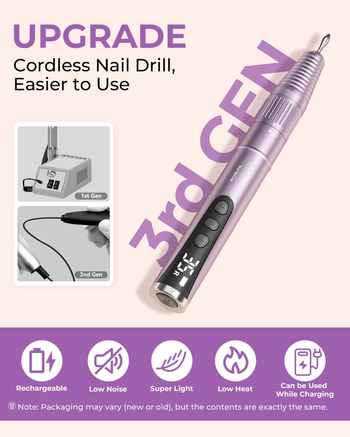 image:imageMakartt PenShaped Rechargeable Nail Drill for Beginners 25000 RPM Cordless Electric Nail File with 5Speed LED Display Lightweight Quiet E File Kit for Gel Polish Removal Home Travel Use PinkTypus Purple