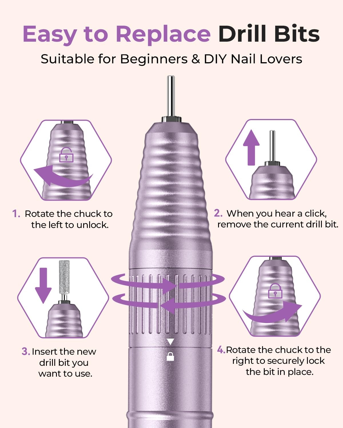 image:imageMakartt PenShaped Rechargeable Nail Drill for Beginners 25000 RPM Cordless Electric Nail File with 5Speed LED Display Lightweight Quiet E File Kit for Gel Polish Removal Home Travel Use PinkTypus Purple
