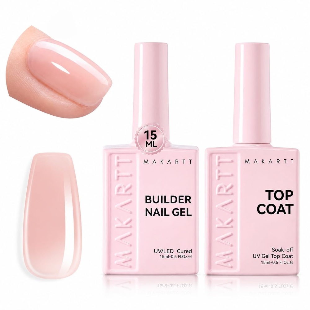 image:imageMakartt Builder Base and Top Coat Kit 2 Pcs 15ml Glossy Top Coat with 8 in 1 Nude Builder Nail Gel for Nail Strengthen Rubber Base Rhinestone Glue Beginner DIY amp Home Manicure LED Lamp NeededNude Nail Builder Top Coat