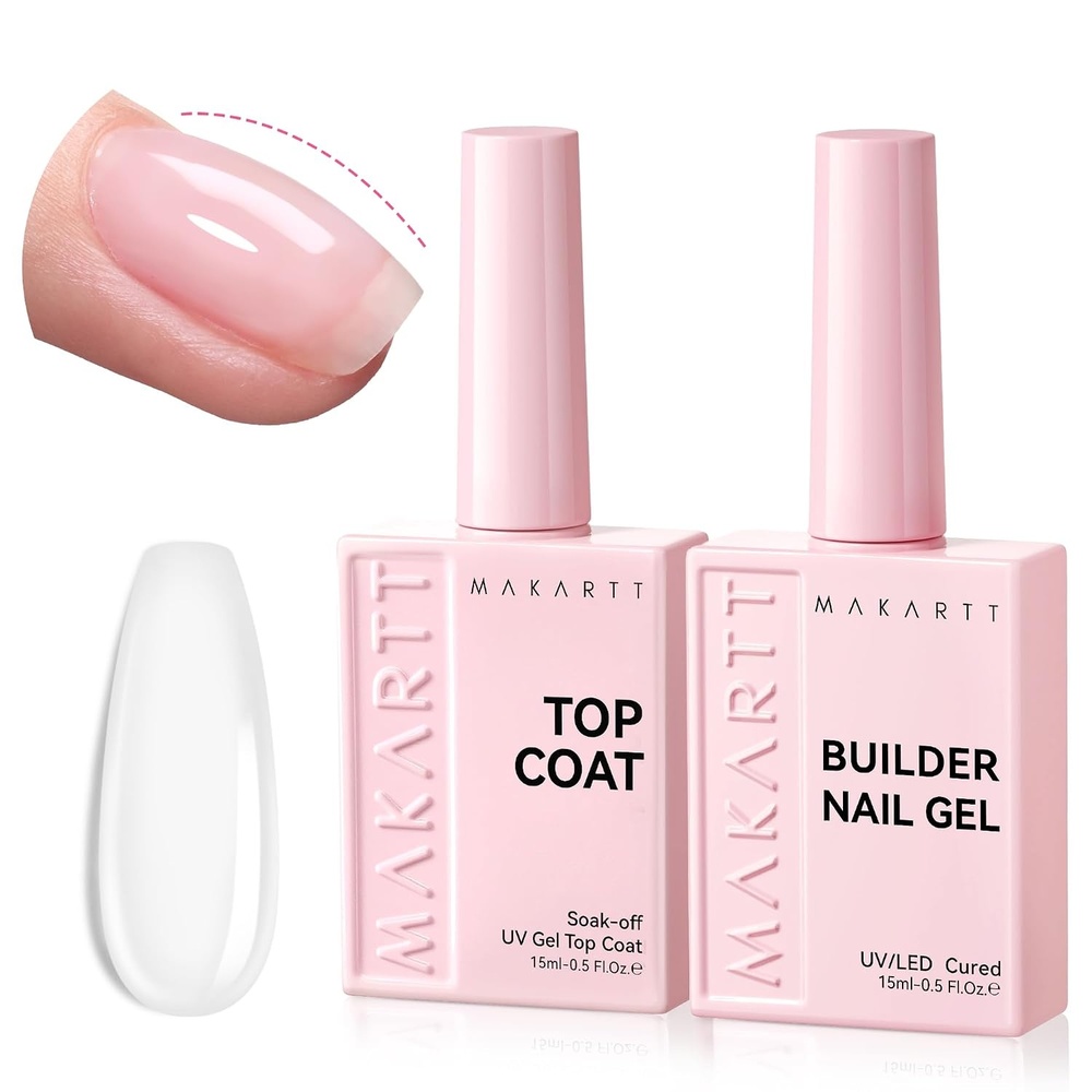image:imageMakartt Builder Base and Top Coat Kit 2 Pcs 15ml Glossy Top Coat with 8 in 1 Nude Builder Nail Gel for Nail Strengthen Rubber Base Rhinestone Glue Beginner DIY amp Home Manicure LED Lamp NeededClear Nail Builder Top Coat