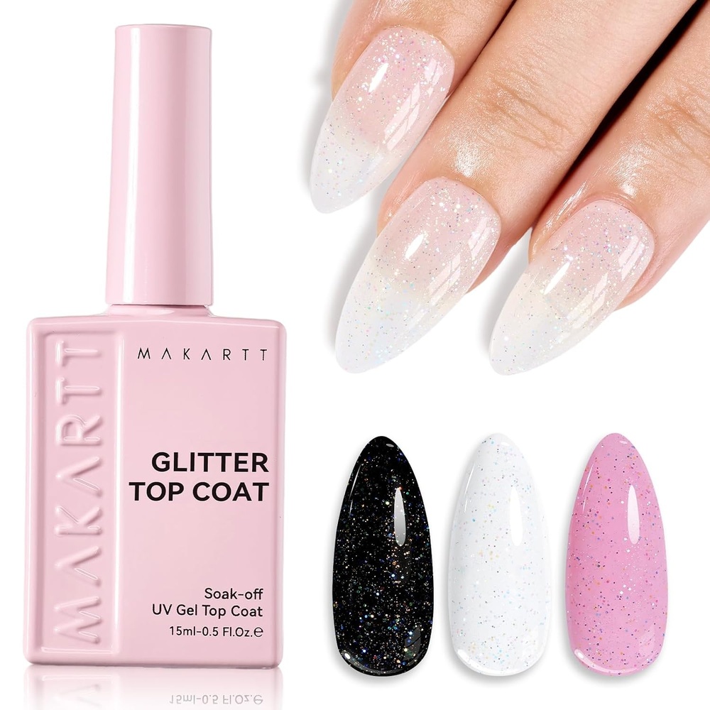 image:imageMakartt Gel Top Coat  2 PCS No Wipe Top Coat Gel Nail Polish High Glossy Shine Finish Long Lasting 10ML Clear Soak Off UV Nail Lamp Salon Quality Art Design for Home Use Beauty Spring GiftClear Glitter Top Coat
