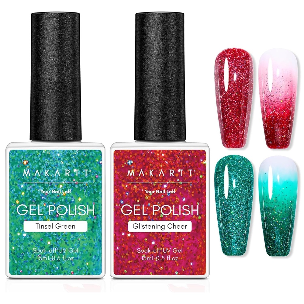 image:imageMakartt Metallic Gold Gel Liner Nail Polish 3D Mirror Chrome Effect with Built in Thin Brush Soak Off UVLED Gel for DIY Manicure Home and Salon Nail Art Designs 8ml2 Pcs Red Green Gel Nail Polish
