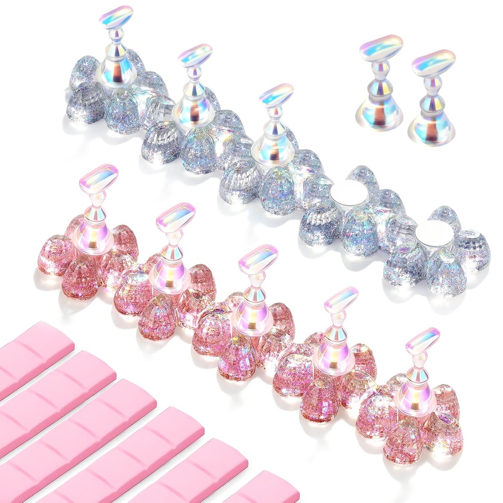 image:imageMakartt Nail Stand Clear Nail Holder for Painting Nails DIY Magnetic Press on Stand for Art Display Practice Clear Glitter Flower Fake Holder for Home Salon with Reusable Adhesive PuttyHolo Clear Pink Stands with Flower Base