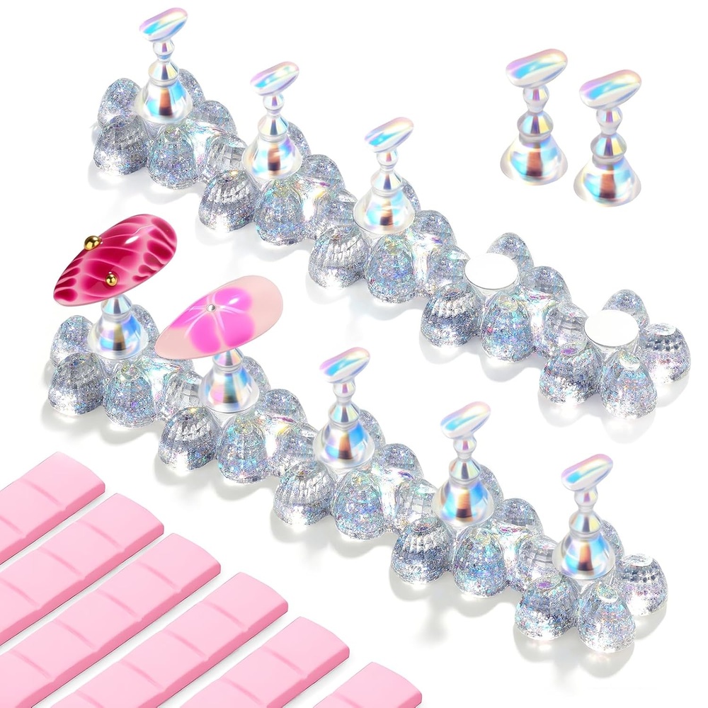 image:imageMakartt Nail Stand Clear Nail Holder for Painting Nails DIY Magnetic Press on Stand for Art Display Practice Clear Glitter Flower Fake Holder for Home Salon with Reusable Adhesive PuttyHolo Clear Stands with Flower Base