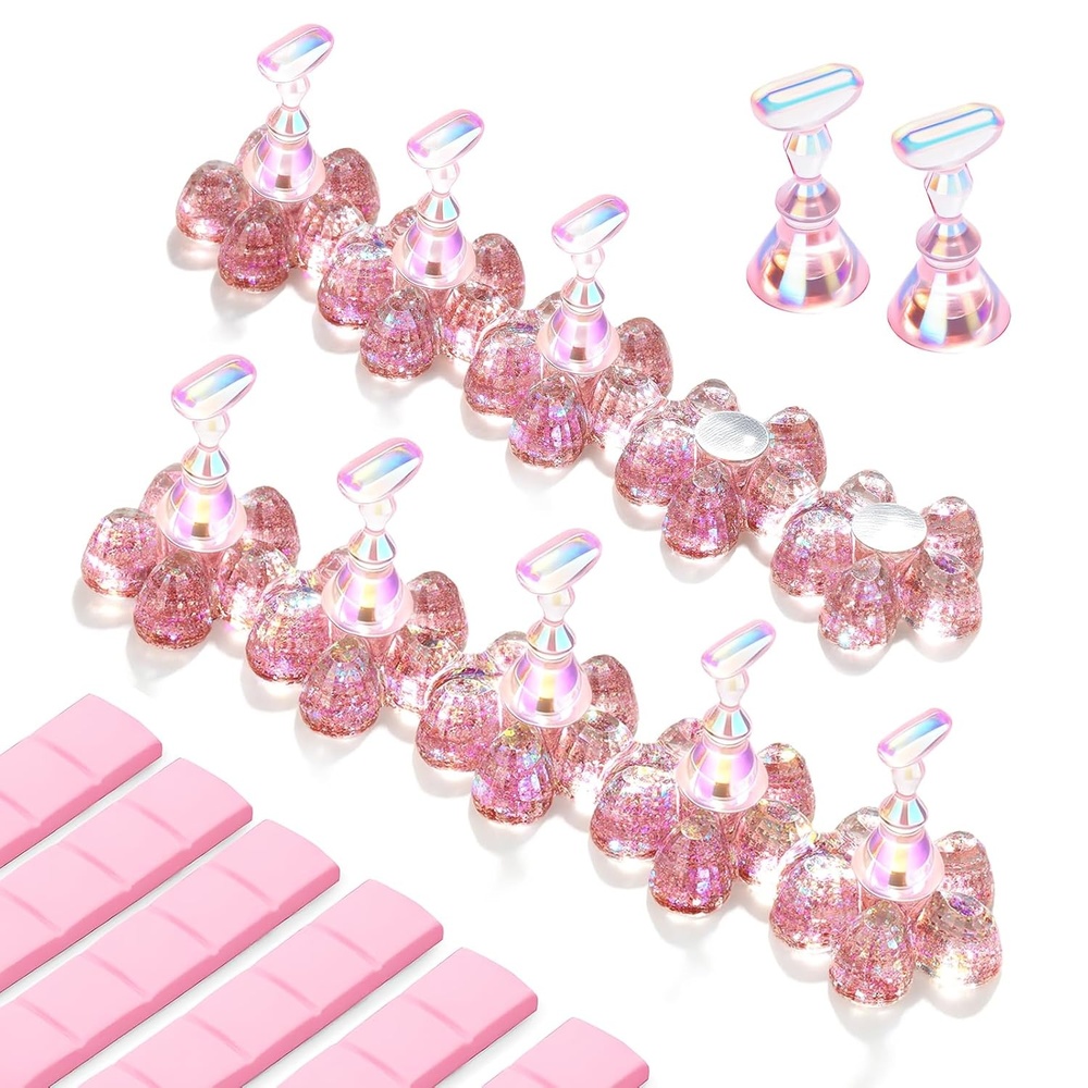 image:imageMakartt Nail Stand Clear Nail Holder for Painting Nails DIY Magnetic Press on Stand for Art Display Practice Clear Glitter Flower Fake Holder for Home Salon with Reusable Adhesive PuttyHolo Pink Stands with Flower Base