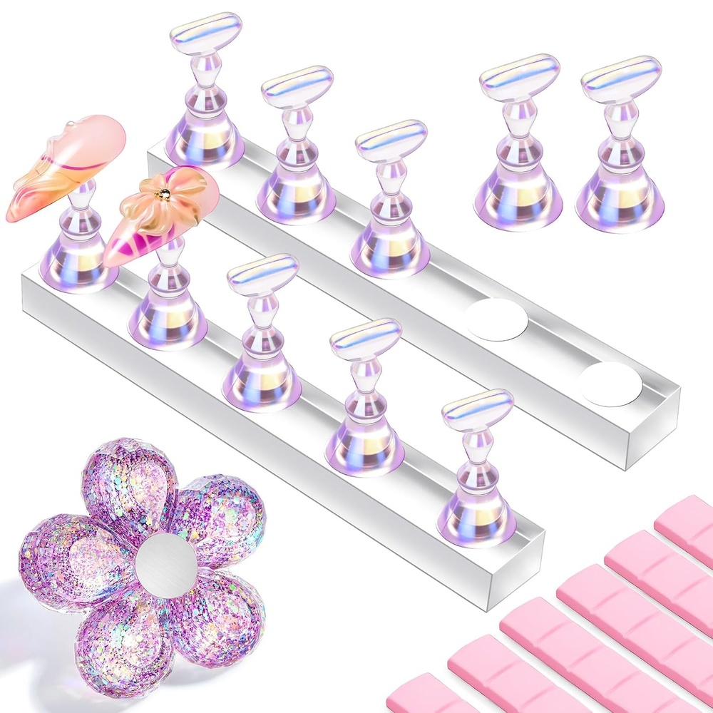 image:imageMakartt Nail Stand Clear Nail Holder for Painting Nails DIY Magnetic Press on Stand for Art Display Practice Clear Glitter Flower Fake Holder for Home Salon with Reusable Adhesive PuttyHolo Purple Stands with Clear Base
