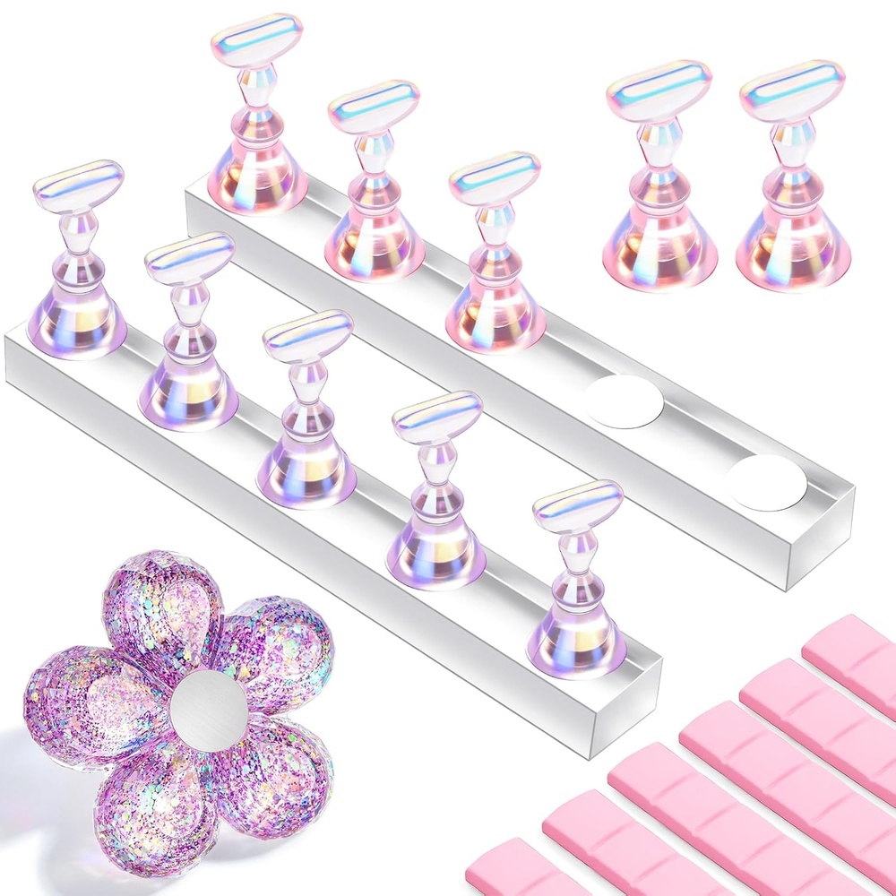 image:imageMakartt Nail Stand Clear Nail Holder for Painting Nails DIY Magnetic Press on Stand for Art Display Practice Clear Glitter Flower Fake Holder for Home Salon with Reusable Adhesive PuttyHolo Pink Purple Stands with Clear Base