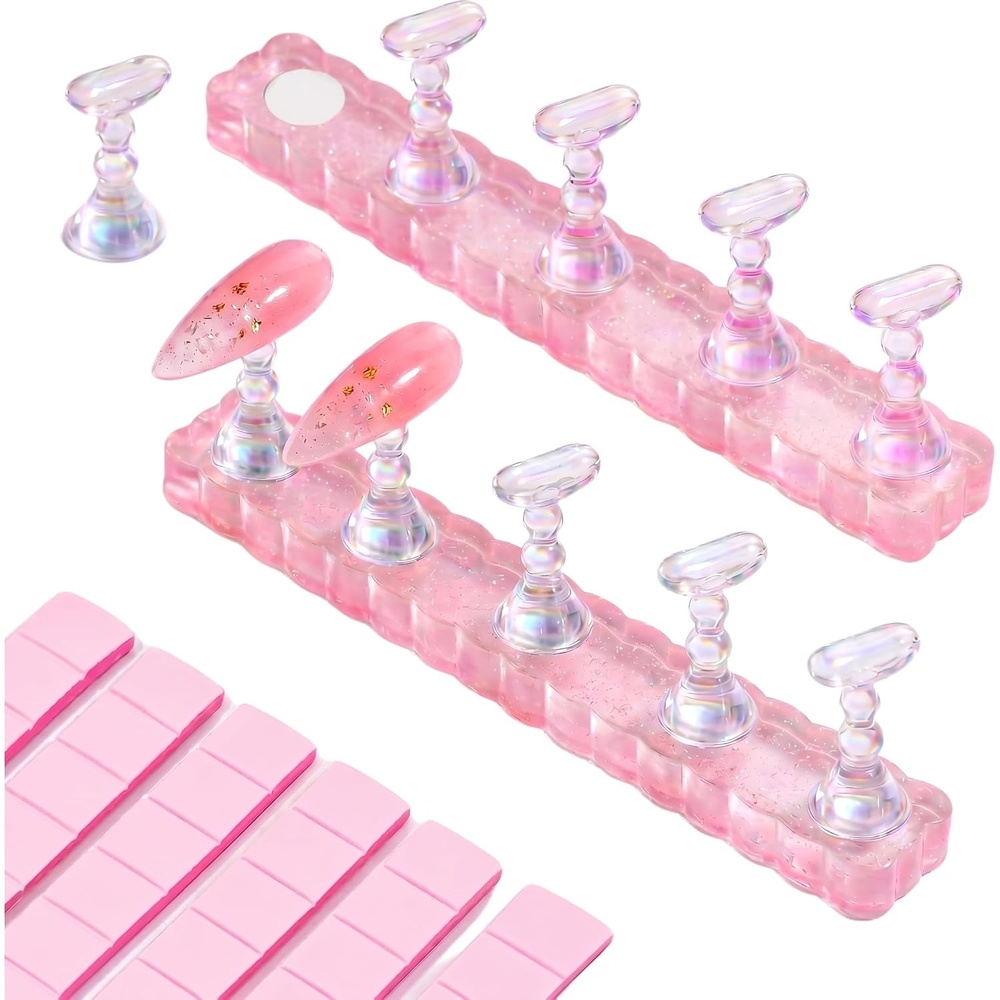 image:imageMakartt Nail Stand Clear Nail Holder for Painting Nails DIY Magnetic Press on Stand for Art Display Practice Clear Glitter Flower Fake Holder for Home Salon with Reusable Adhesive PuttyHolo Clear Pink Stands with Pink Base