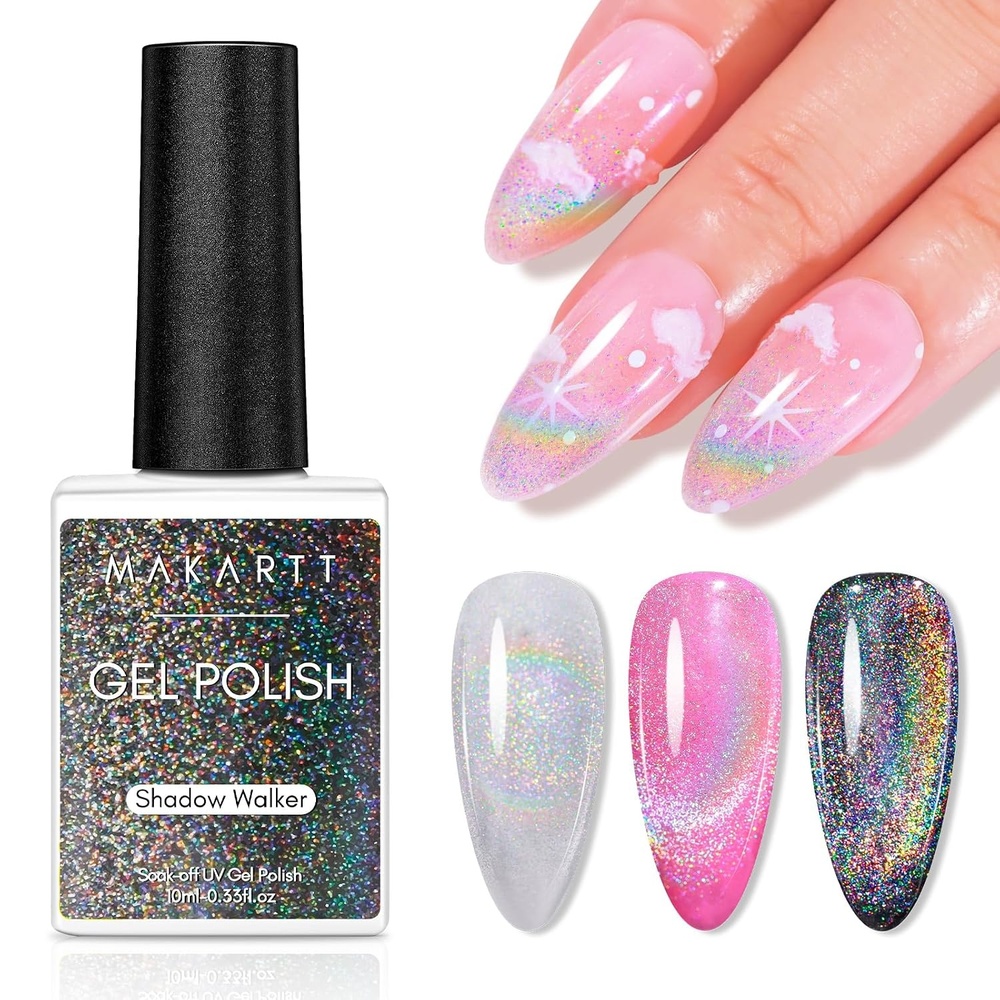 image:imageMakartt Rainbow Cat Eye Gel Nail Polish Glitter Universal 9D Holographic Sparkly Soak Off Gel UVLED Manicure with Magnet Stick for Nail Art Designs 10mlShadow Walker