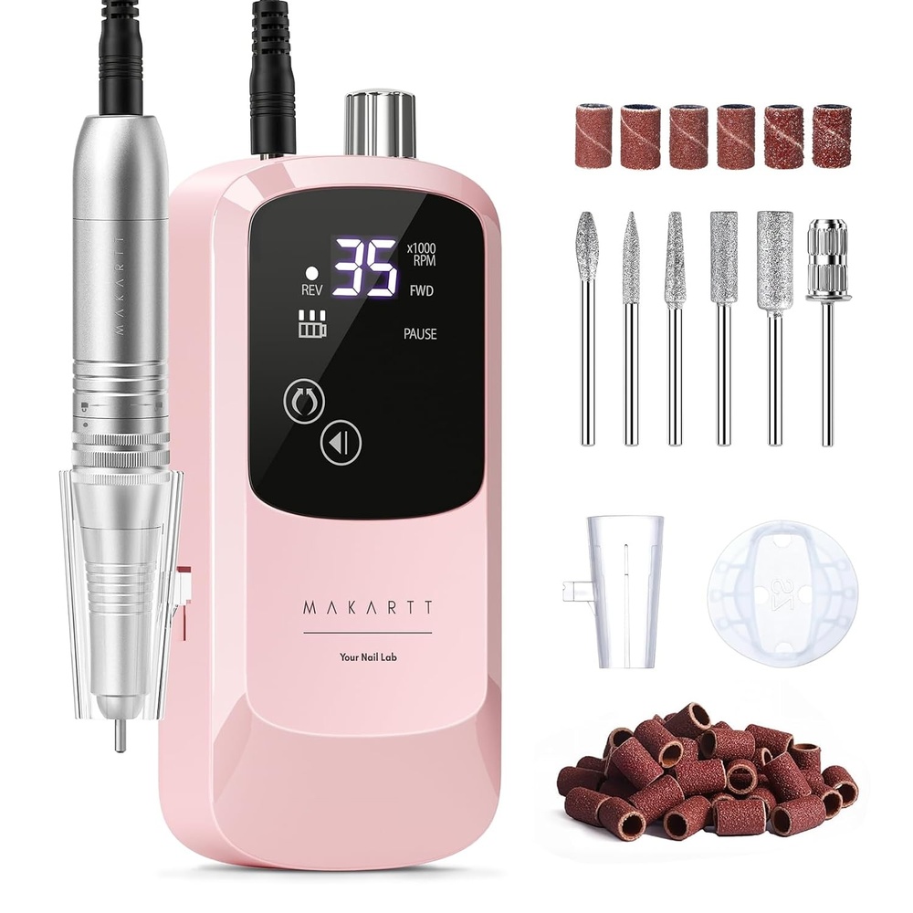 image:imageMakartt Rechargeable Electric Nail Drill 35000 RPM Nail Drill File with Storage Stand for Acrylic Gel Polishing Removing LED DisplayCordless Efile with Bits Kit for Manicure Beginner Home WhiteHephaely Pink